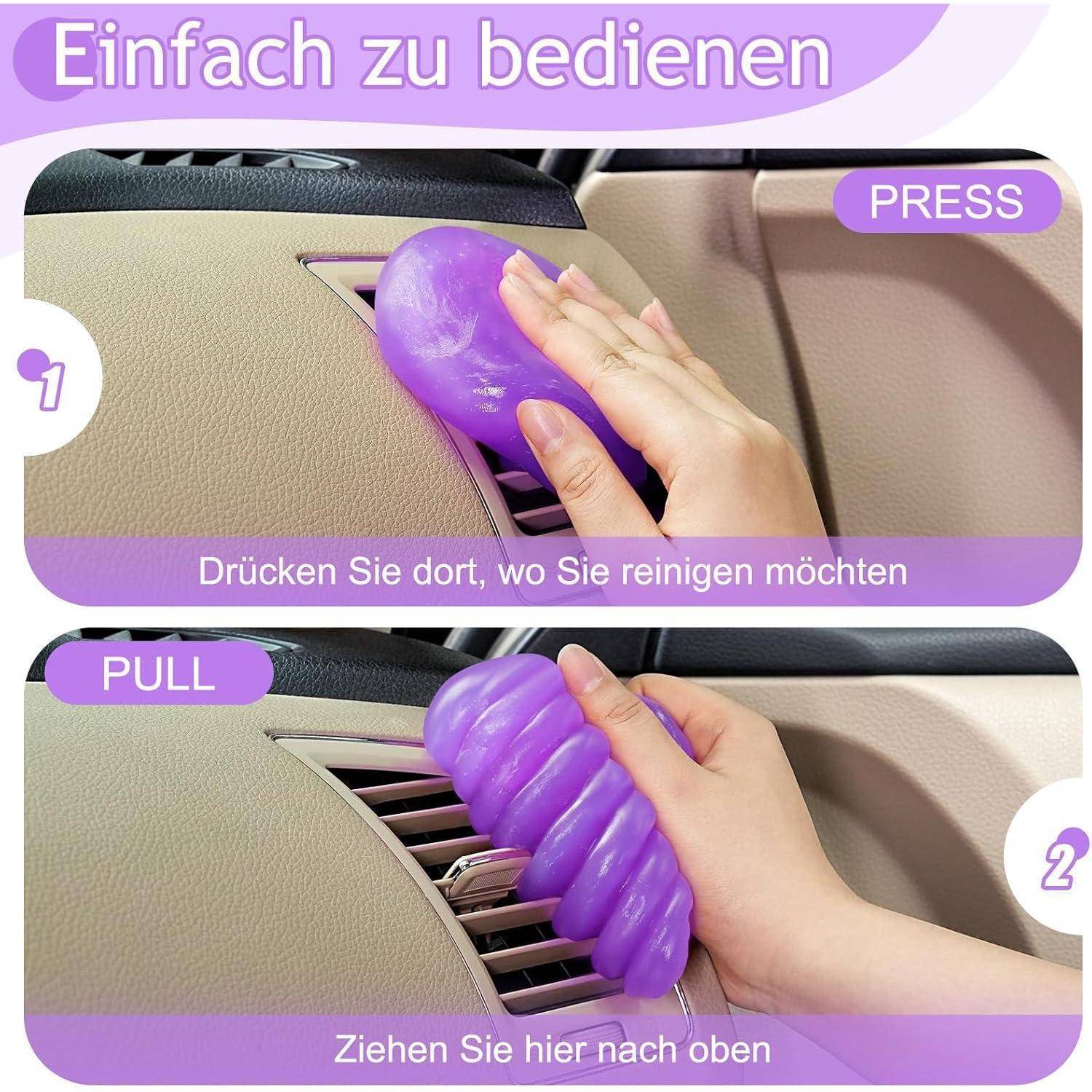Zweistufiger Autolüftungsreiniger - Anleitung: In die Lüftungsschlitze drücken, dann nach oben ziehen, um Staub zu entfernen.