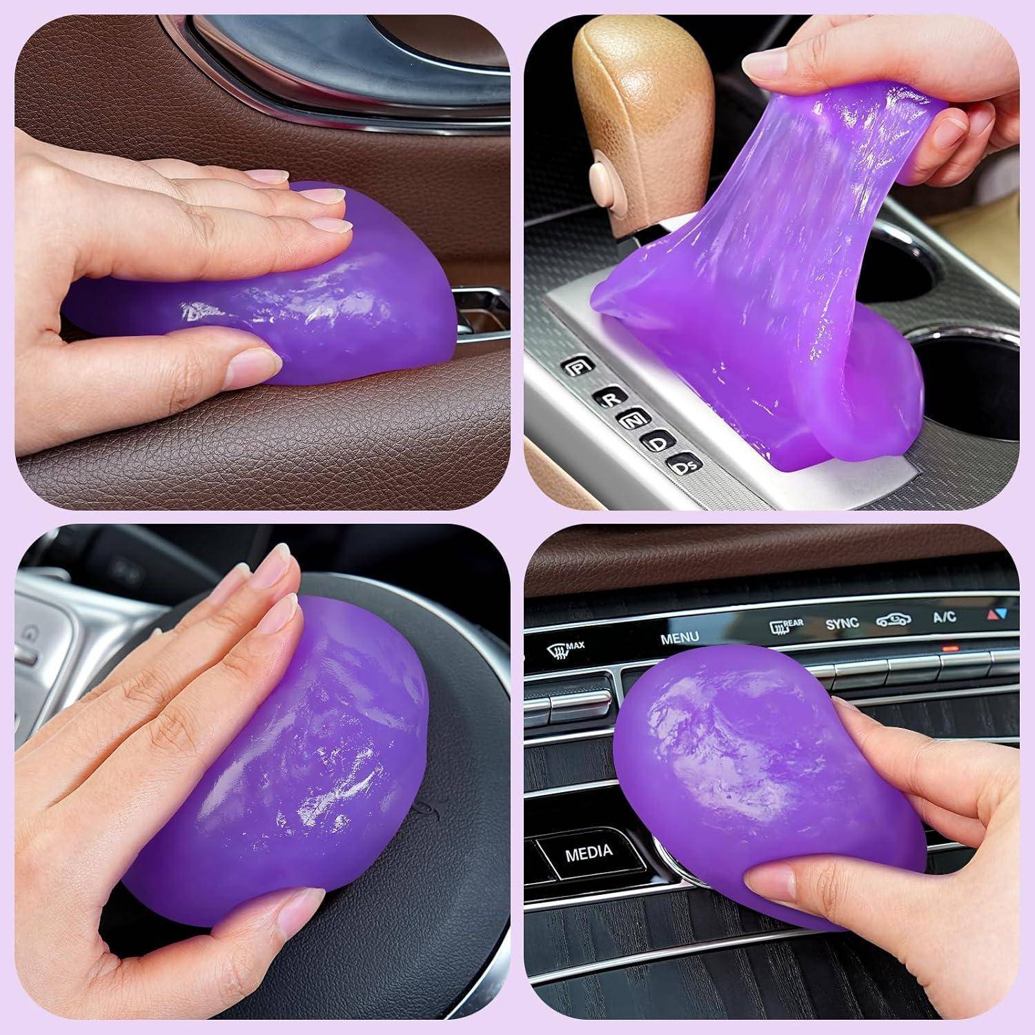 Lilafarbenes Gelpuff wird gepresst und gedehnt, um Autoinnenräume zu reinigen, einschließlich Sitznähte, Schaltkonsole, Lenkrad und Armaturenbrettschalter.