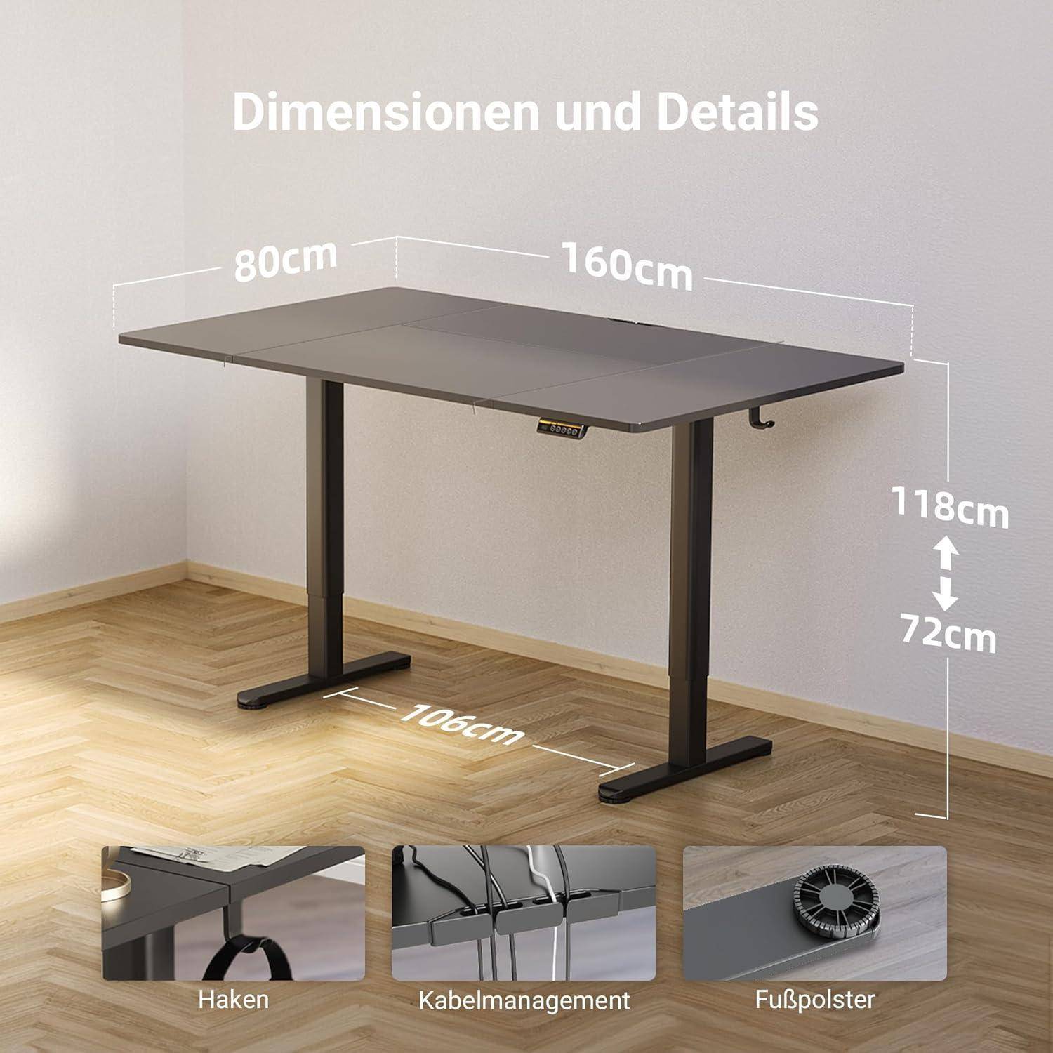 Höhenverstellbarer Stehtisch mit Abmessungen von 160 cm Breite, 80 cm Tiefe, 72–118 cm Höhe; ausgestattet mit Haken, Kabelmanagement und Fußpolstern.