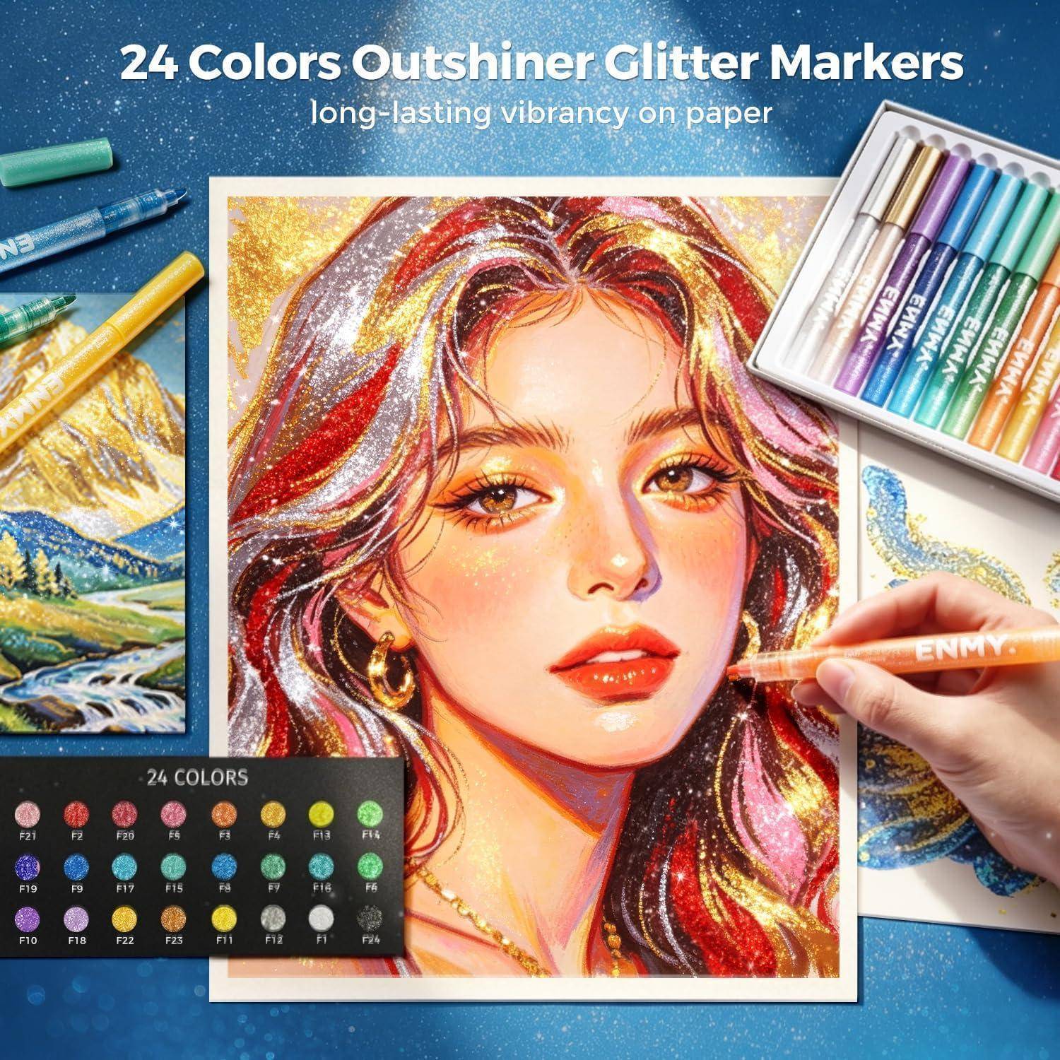 ENMY 24 Glitzer-Marker, funkelnde Acryl-Marker, schimmernde Malstifte feine Spitze, Tinte auf Wasserbasis; ideal zum Zeichnen sowie für