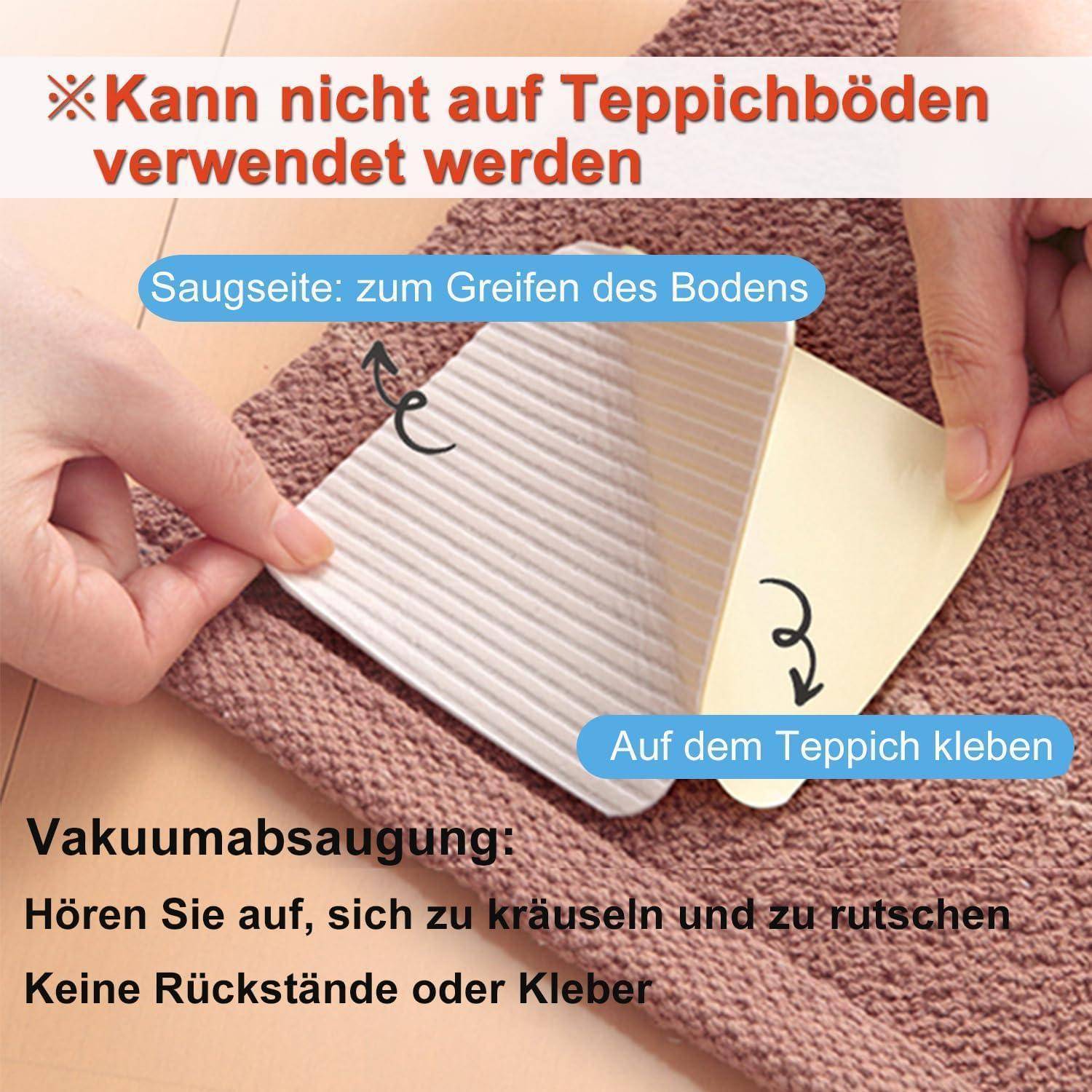 Anleitung Grafik, die selbstklebendes Blatt auf Teppich zeigt: nicht für Teppichböden geeignet; Saugseite haftet auf dem Boden und Teppichseite klebt auf dem Teppich. Vakuumiert ohne Rückstände oder Klebstoff.