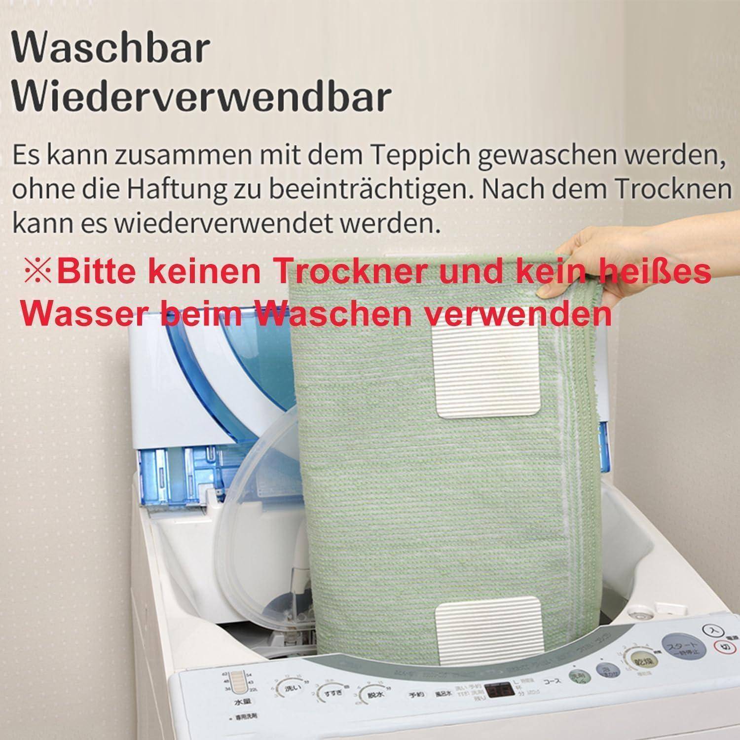 Pflegeanleitung: Waschbar und wiederverwendbar mit Teppich; Trockner und heißes Wasser vermeiden. Das Bild zeigt eine grüne Matte in einer Waschmaschine.