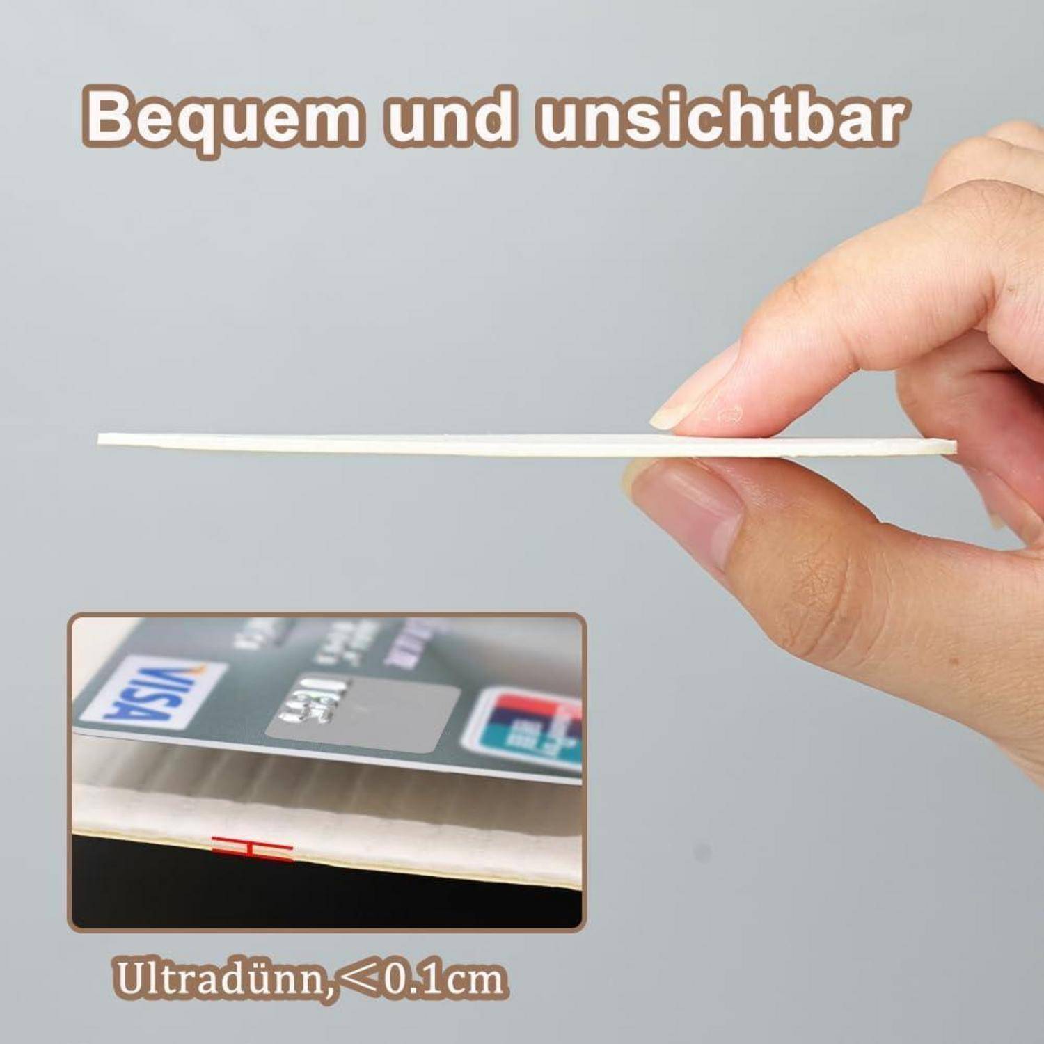 Hand hält eine sehr dünne weiße Karte; die Einfügung zeigt eine Visa-Karte mit dem Label 'Ultradünn, 