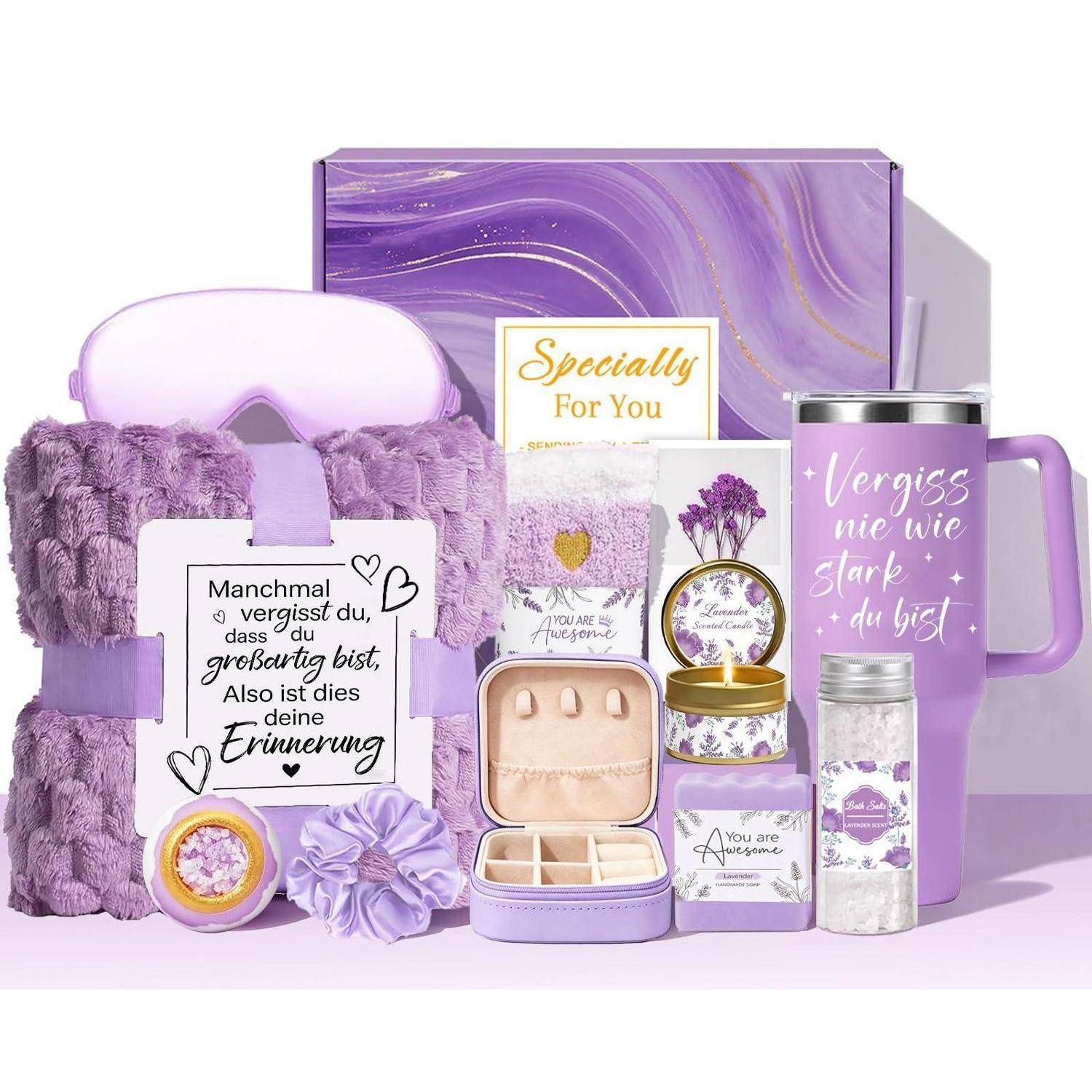 Lila Selbstpflege-Geschenkset mit Decke, Tasse, Kerzen, Badeprodukten, Kosmetiktasche und Karten in einer lavendelthematischen Schachtel für „Besonders für dich