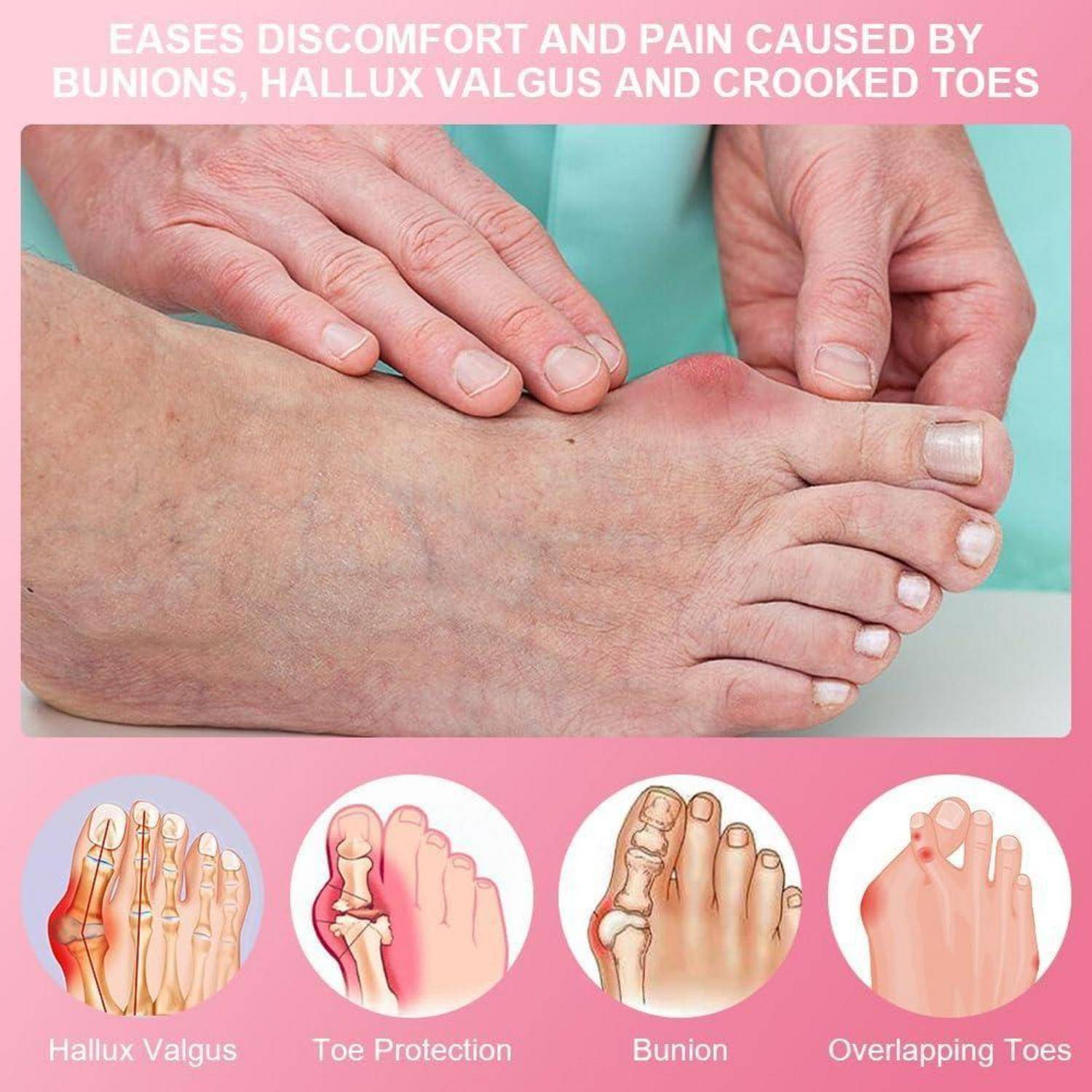 Infografik zur Schmerzlinderung bei Fußschmerzen für Ballenzehen, Hallux Valgus und krumme Zehen, mit einer Hand, die eine geschwollene große Zehe untersucht, und vier gekennzeichneten Behandlungssymbolen: Hallux Valgus, Zehenschutz, Ballenzeh, Überlappende Zehen.