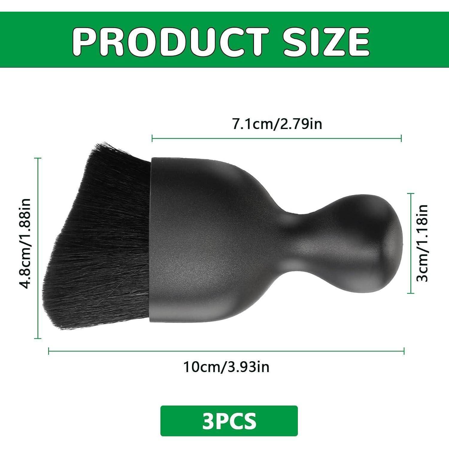 Größendiagramm eines Make-up-Pinsels mit einer Gesamtlänge von 10 cm, einer Borsthöhe von 4,8 cm, einer Kopflänge von 7,1 cm und einer Griffbreite von 3 cm; mit der Bezeichnung „3er-Set