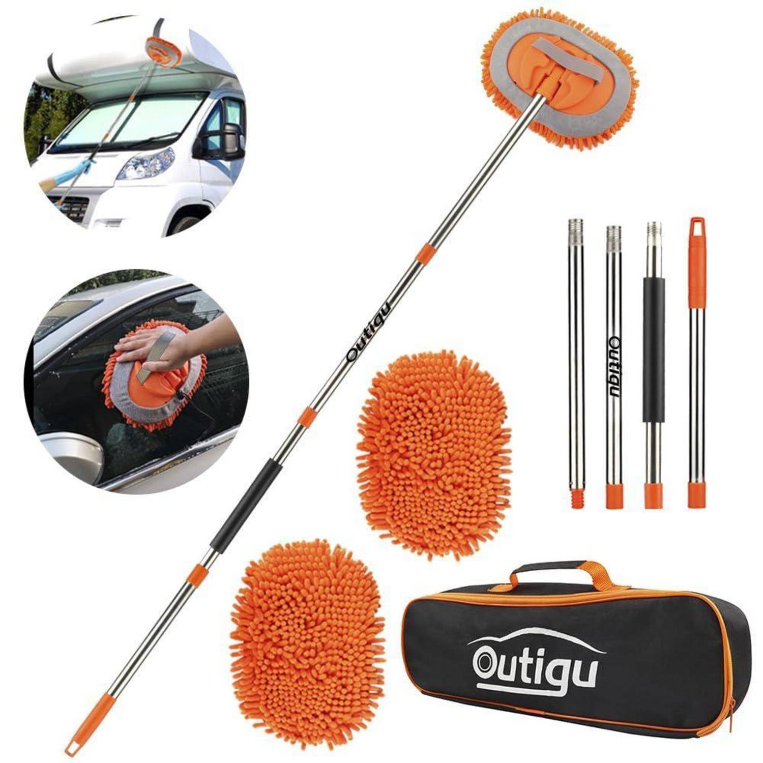 Erweiterbares orange Mikrofaser-Reinigungsset mit ausziehbarem Griff, austauschbaren Staubwedel-Köpfen, tragbarer Bürste und Aufbewahrungstasche für die Reinigung von Auto und Zuhause.