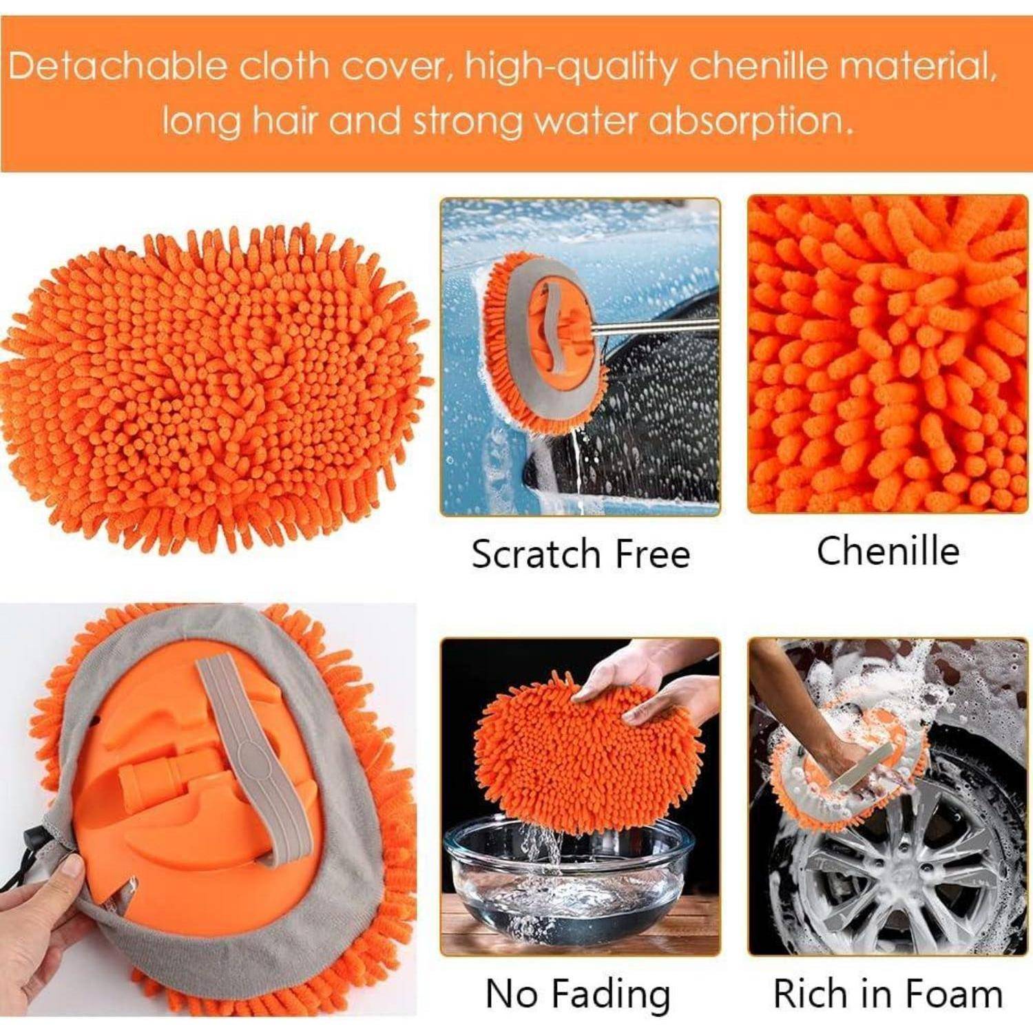 Orangefarbener Chenille-Autowashandschuh mit abnehmbarem Stoffüberzug, der Wasser aufnimmt, kratzer­frei ist, nicht ausbleicht und reichlich Schaum erzeugt.