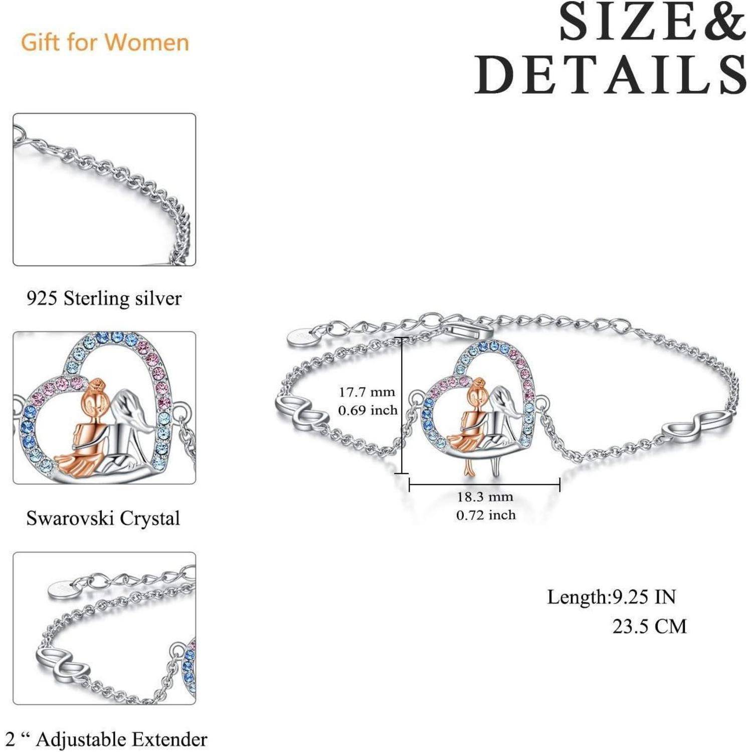 Armband-Größe und Details-Grafik, die ein 925er Silber Geschenk-Armband für Frauen mit Swarovski-Kristall zeigt, 9,25 Zoll Länge, 17,7 mm x 18,3 mm Charm und 2 Zoll verstellbarer Verlängerung.