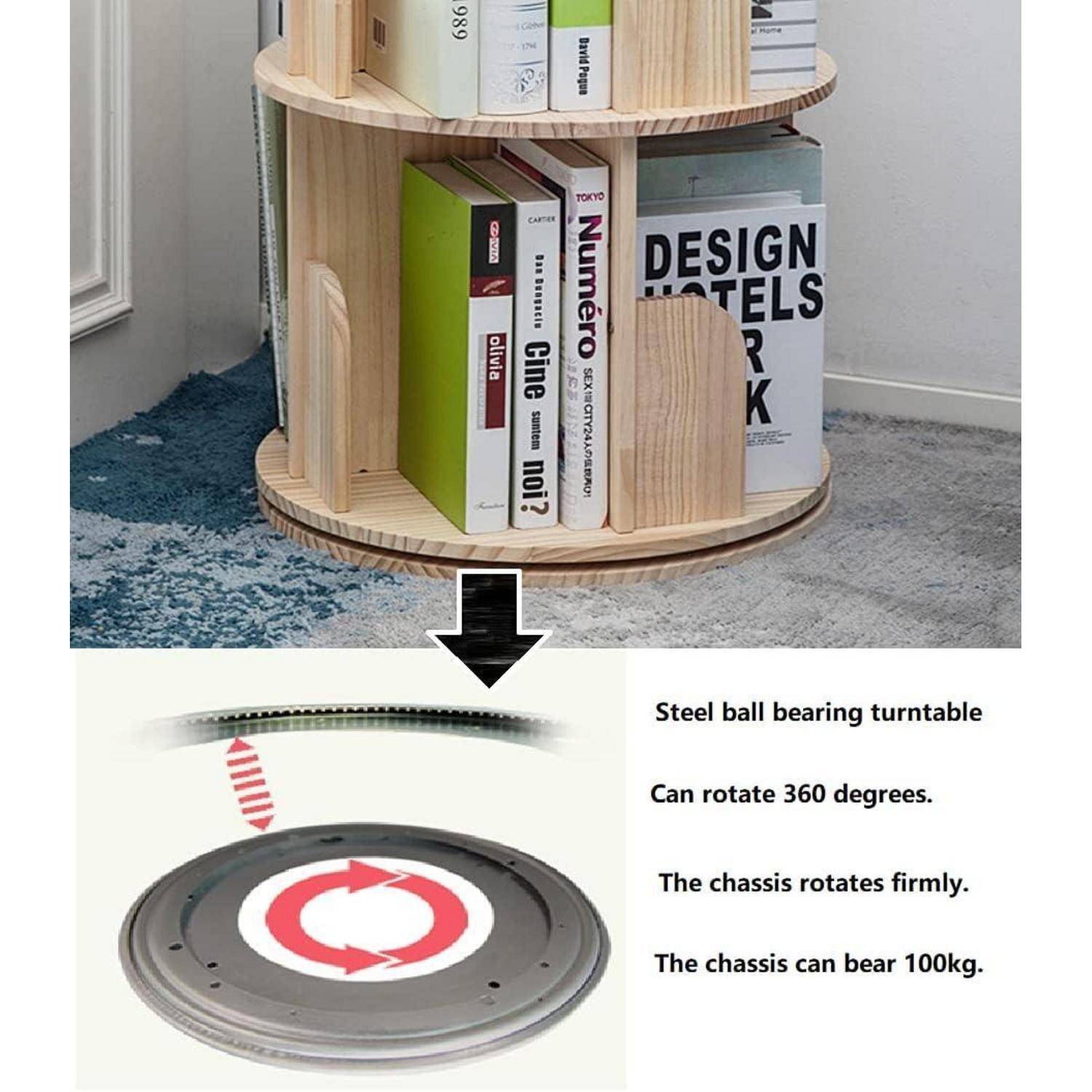 Ein hölzeres rotierendes Bücherregal auf einem Stahlkugellager-Drehplatz; der Text vermerkt, dass es sich um 360 Grad drehen kann, fest rotiert und 100 kg tragen kann.