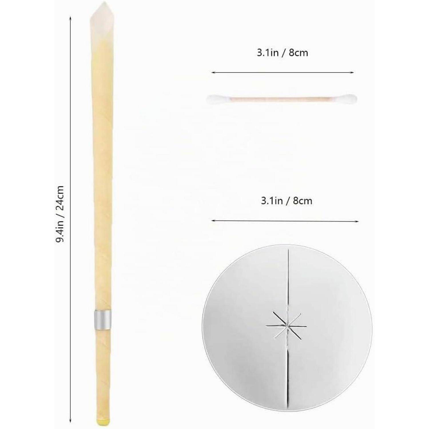 Diagramm mit einer Stabkerze mit Kerzenhalter-Spitze: Die Kerze ist 9,4 Zoll (24 cm) hoch und 3,1 Zoll (8 cm) breit, mit einem 3,1 Zoll (8 cm) runden Basiseinsatz.