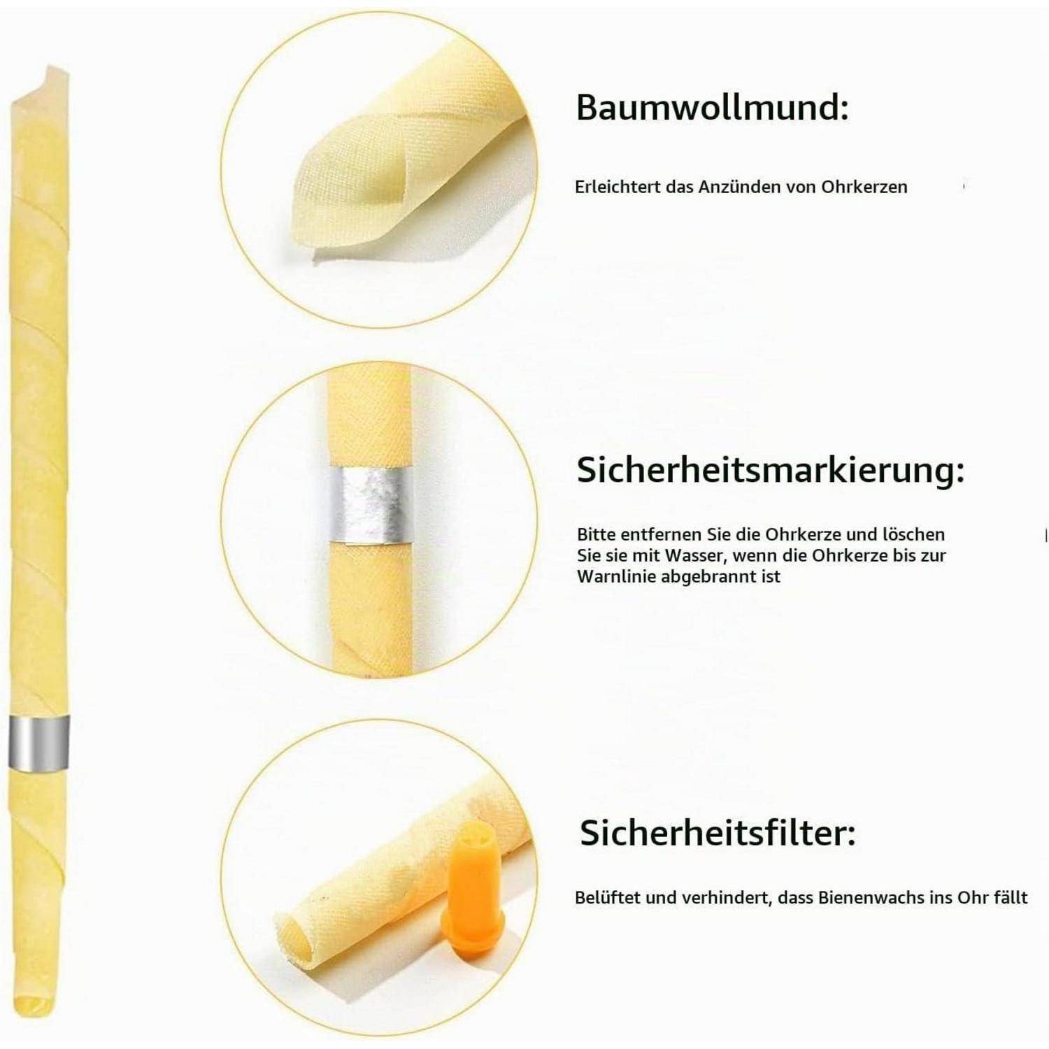 Illustrierte Bienenwachskerze mit drei gekennzeichneten Merkmalen: Baumwolldocht, Sicherheitsmarkierung und Sicherheitsfilter für saubereres, sichereres Licht.