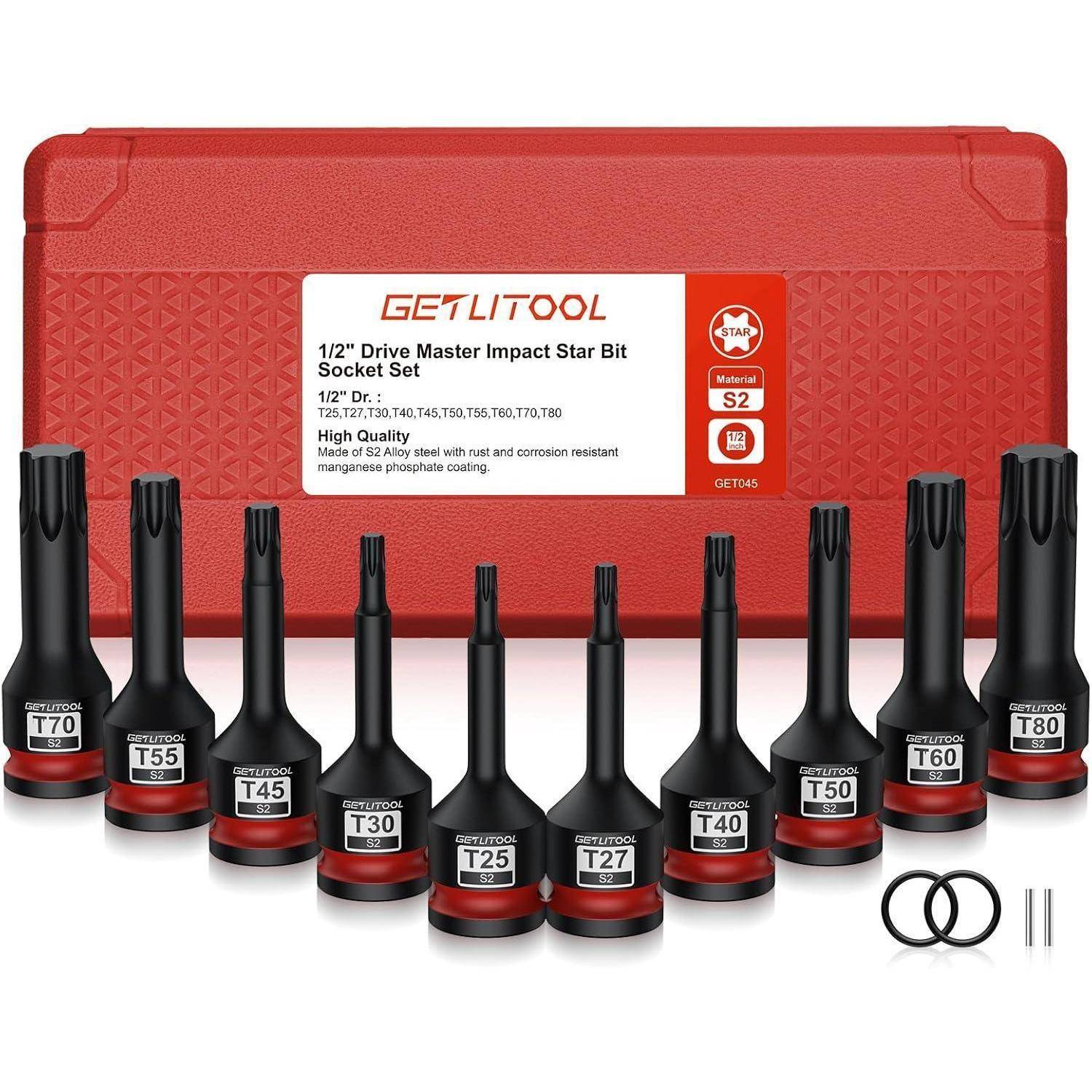 Roter Lagerbehälter mit einem GETLITOOL 1/2-Zoll-Antrieb Impact-Stecknussatz mit Torx-Bits, neun schwarze Stecknüsse mit den Bezeichnungen T30 bis T80, plus zwei O-Ringe und zwei Stifte.