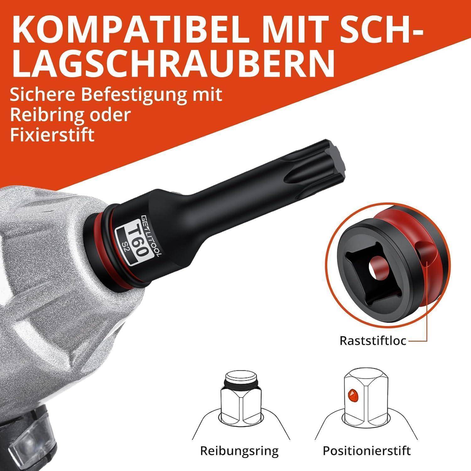 GETLITOOL 1/2" Kraft Torx Bit Schlagschrauber Nüsse Satz, 10tlg S2-Stahl Bit Einsatz Satz T25 - T80, Länge 78 mm Steckschlüsselsatz für Torx Schra