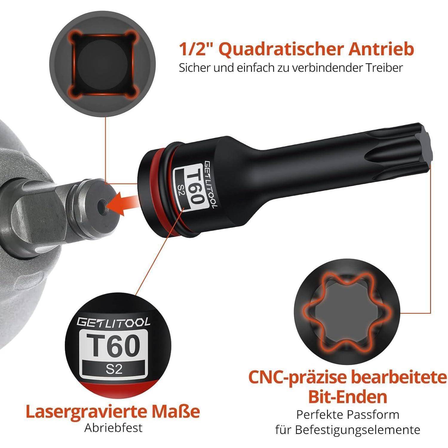 Deutsches Produktgrafik eines GETLITOOL T60 S2 1/2-Zoll-Vierkantantrieb-Bits mit lasergravierten Größenangaben, CNC-gefrästen Bitenden und sicherer Befestigungspassform.
