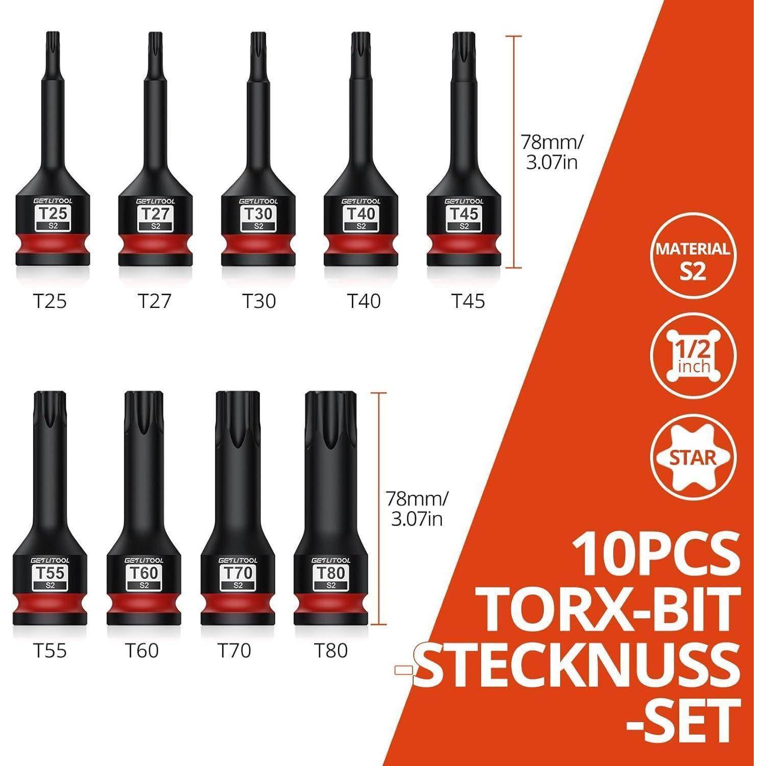 Produktgrafik von 10 Torx-Bits, Größen T25, T27, T30, T40, T45, T55, T60, T70, T80 und eine weitere, je 78 mm/3,07 Zoll lang, beschriftet '10PCS TORX-BIT STECKNUSS-SET