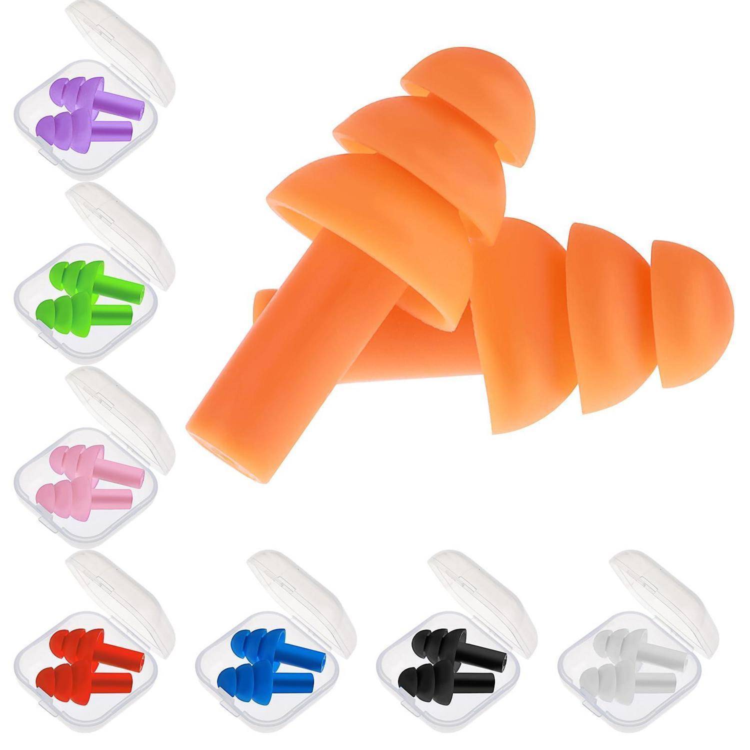 Wiederverwendbare Silikon-Ohrstöpsel in einem durchsichtigen Behälter, in Orange dargestellt mit zusätzlichen Farboptionen: Lila, Grün, Rosa, Rot, Blau, Schwarz und Weiß.