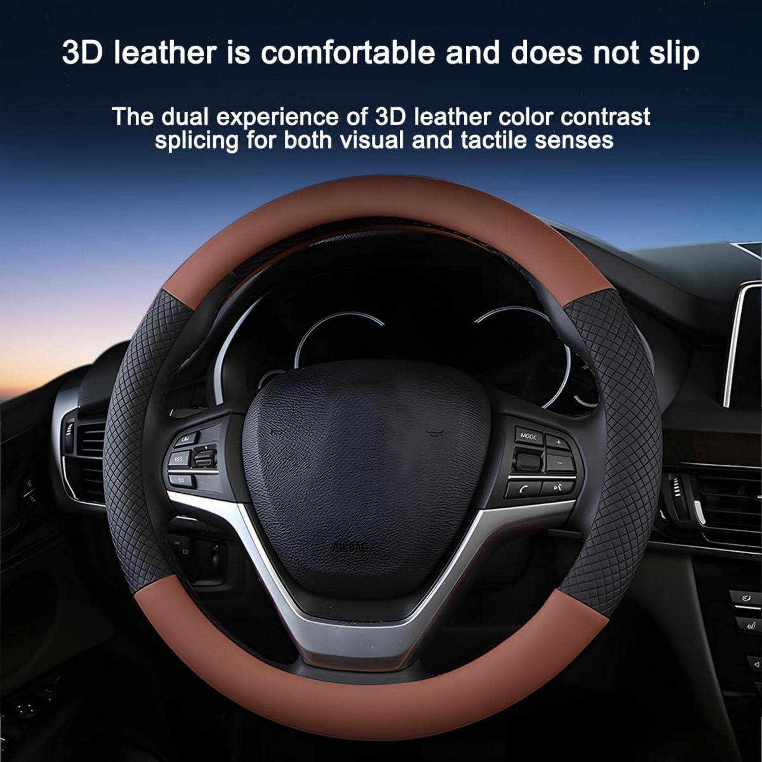Autolenkrad, das in 3D-Leder gewickelt ist, dargestellt als komfortabel und rutschfest, mit kontrastierenden braunen und schwarzen strukturierten Abschnitten.