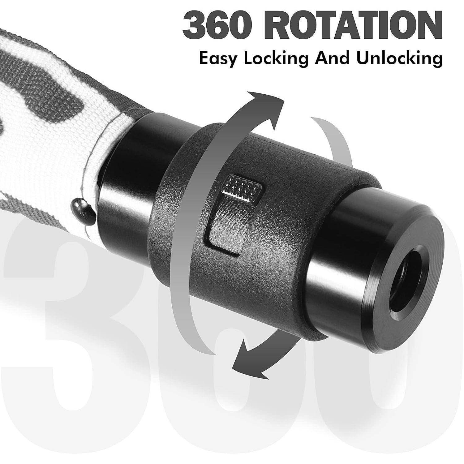 Nahaufnahme eines um 360 Grad drehbaren Werkzeuggriffs mit einem Verriegelungsschalter, gekennzeichnet mit „360 ROTATION
