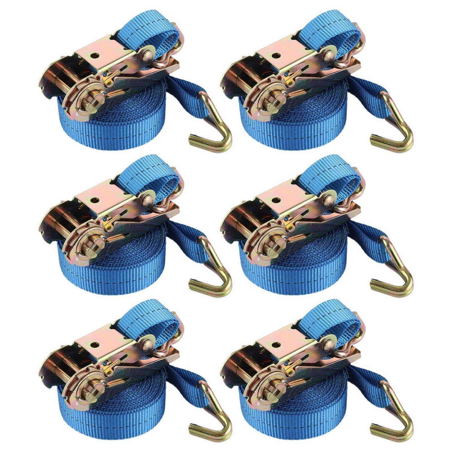 Sechs blaue Ratschengurte mit Metallhaken, die in einem 2-mal-3-Raster auf weißem Hintergrund angeordnet sind.