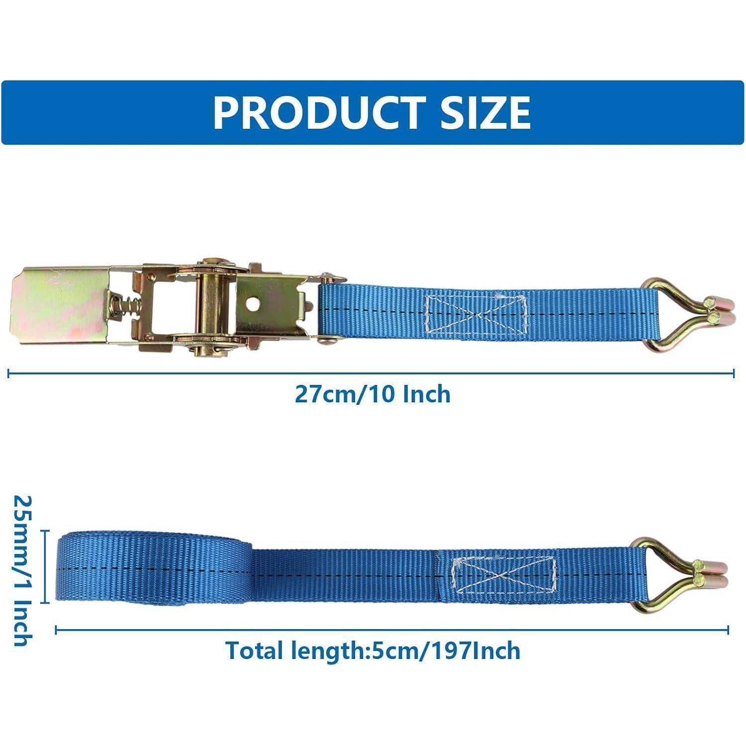 Größendiagramm eines blauen Spanngurtes mit zwei Ansichten und gekennzeichneten Abmessungen: 27 cm/10 Zoll und Gesamtlänge 5 cm/197 Zoll.