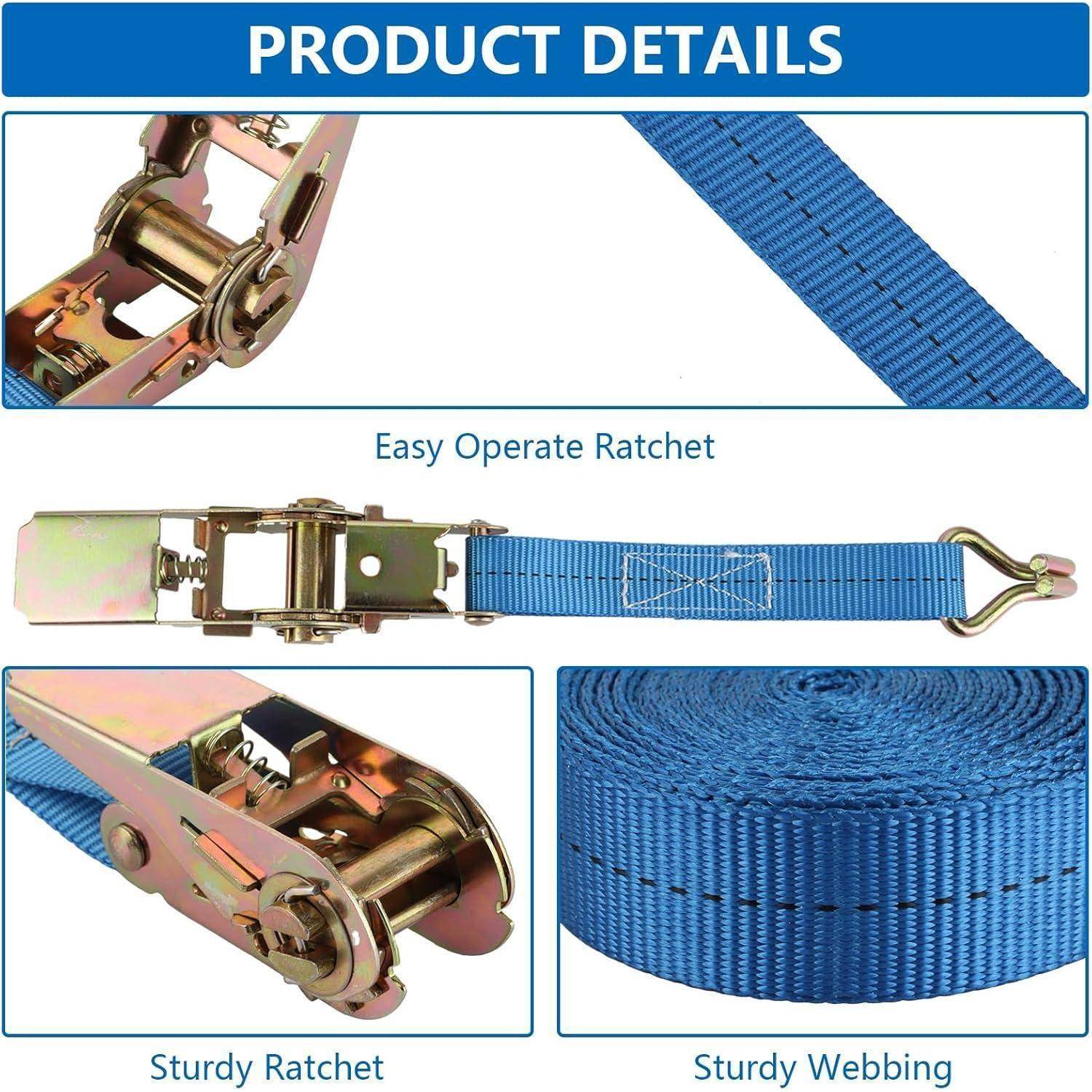 Produktdetailbild eines blauen Ratschengurts mit Spannmechanismus, der den Ratschenmechanismus und die robuste Gurtware mit Beschriftungen „Easy Operate Ratchet
