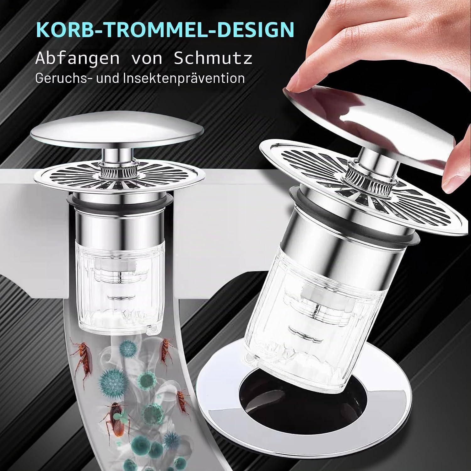 Produktanzeige für einen Edelstahl-Spülbeckenablaufsieb mit abnehmbarer Kappe und Maschenkorb, gekennzeichnet mit „KORB-TROMMEL-DESIGN