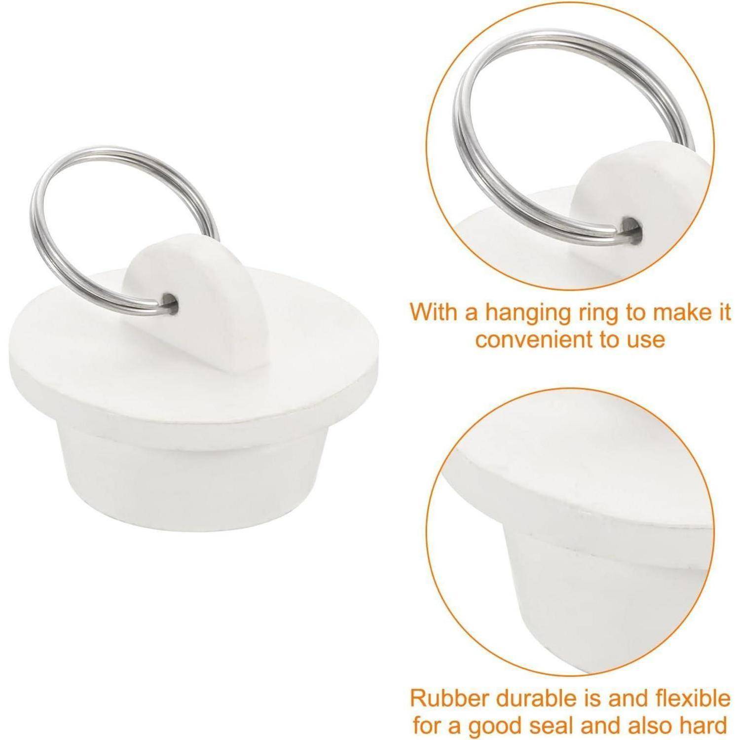 Weißer Gummistöpsel mit metallischem Aufhängerring, dargestellt mit vergrößerten Nahaufnahmen, die den Ring und das flexible langlebige Material hervorheben.