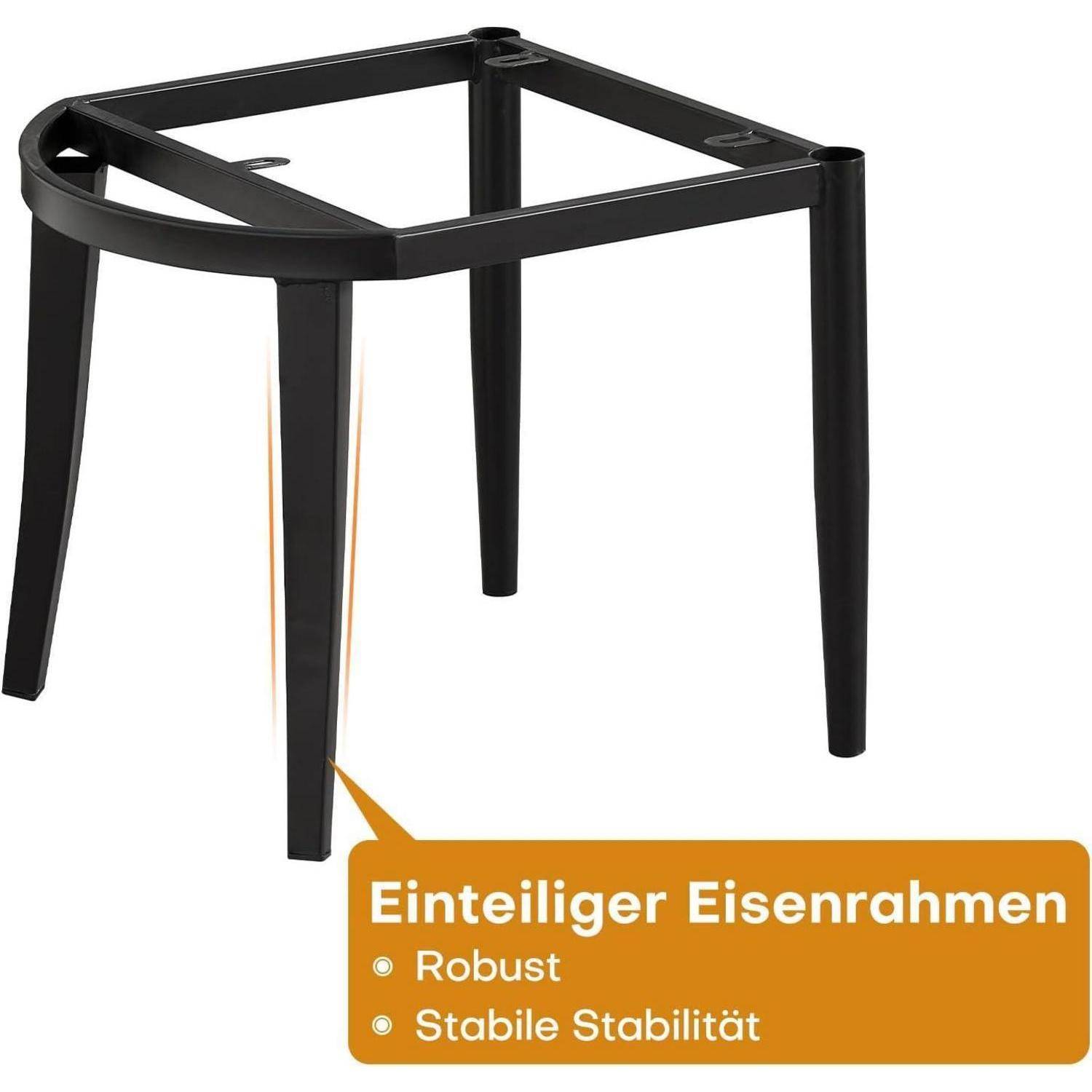 Schwarzer Metallrahmenstahl mit vier sich verjüngenden Beinen; das Etikett liest „Einteiliger Eisenrahmen