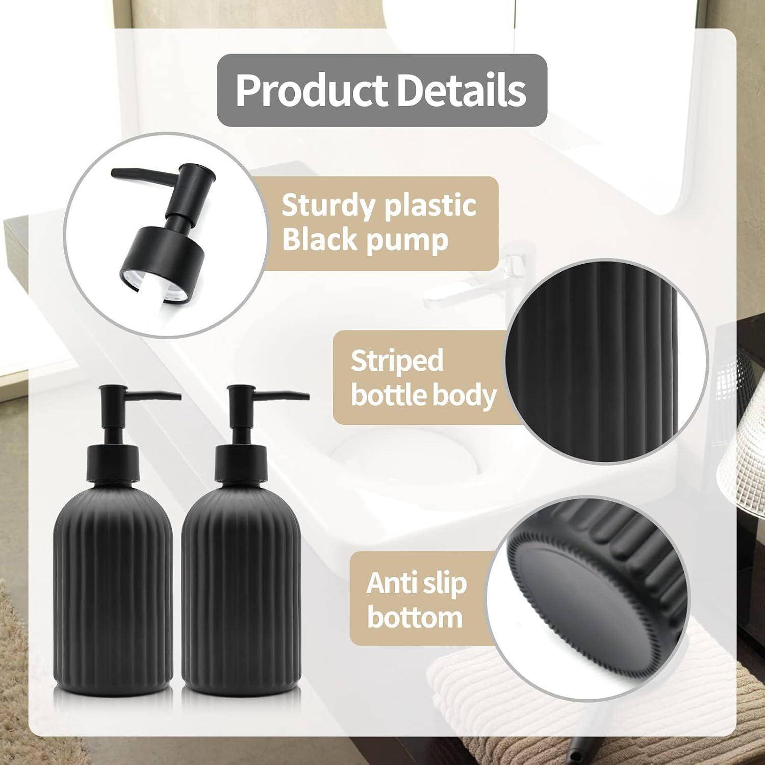 Produktdetail-Grafik zeigt eine schwarze Pumpflasche mit robuster schwarzer Kunststoffpumpe, gestreiftem Flaschenkorpus und rutschfestem Boden.