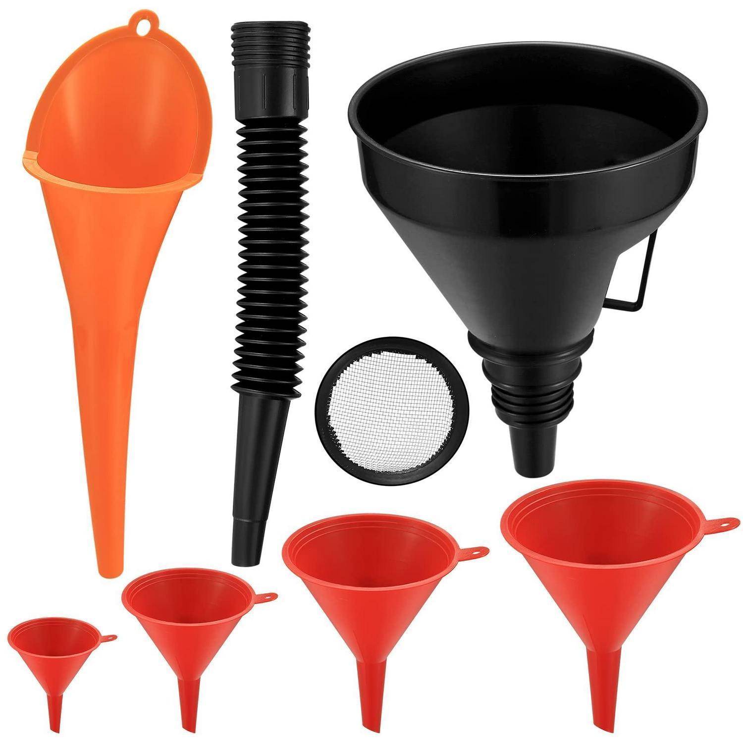 Sortierte Kunststofftrichter in Orange, Rot und Schwarz, einschließlich eines großen Trichters, einer flexiblen Tülle und eines Siebeinsatzes aus Kunststoffgewebe.