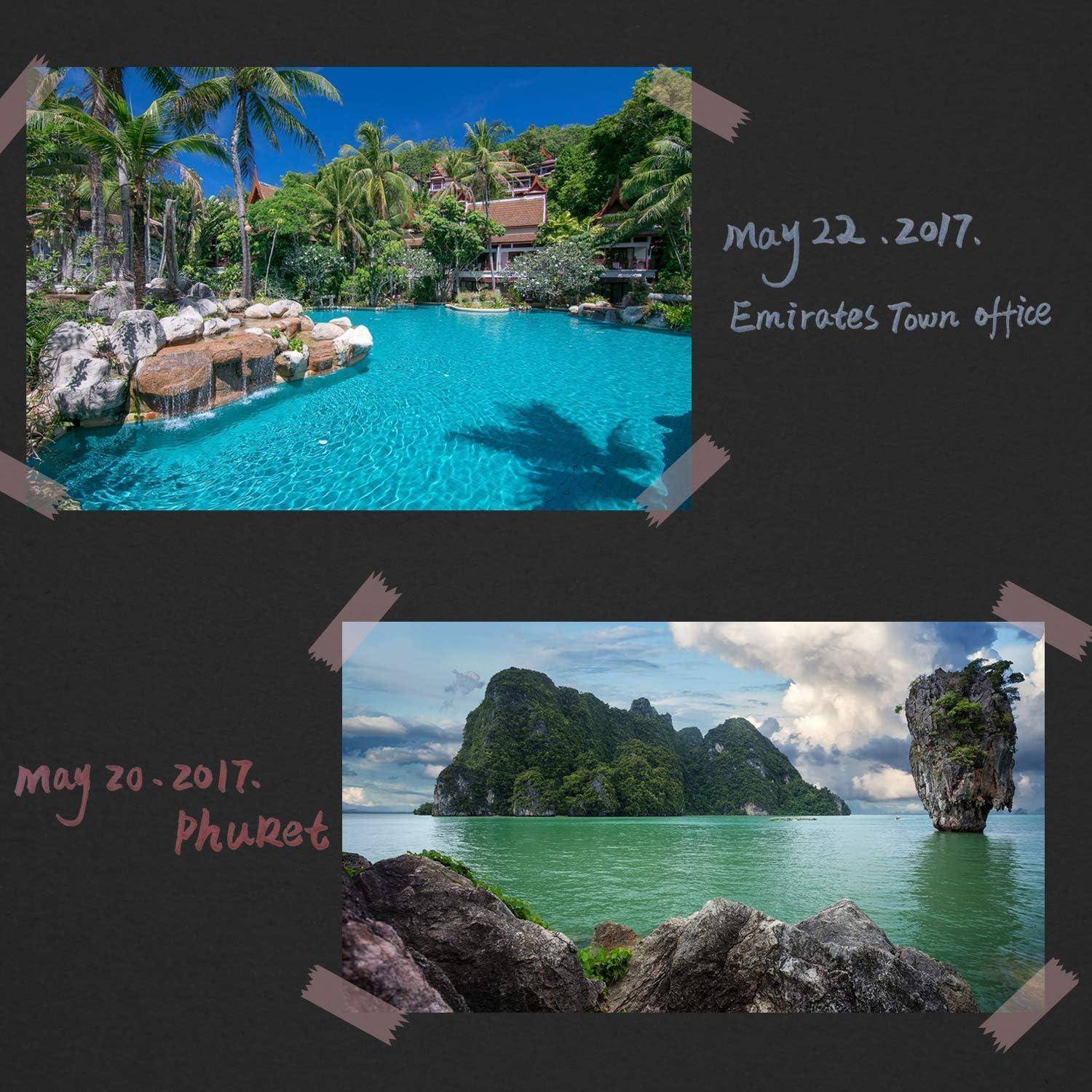 Zwei Reisefotografien auf dunklem Hintergrund angebracht: Ein tropisches Resort-Schwimmbecken mit der Beschriftung „22. Mai 2017. Emirates Town Office