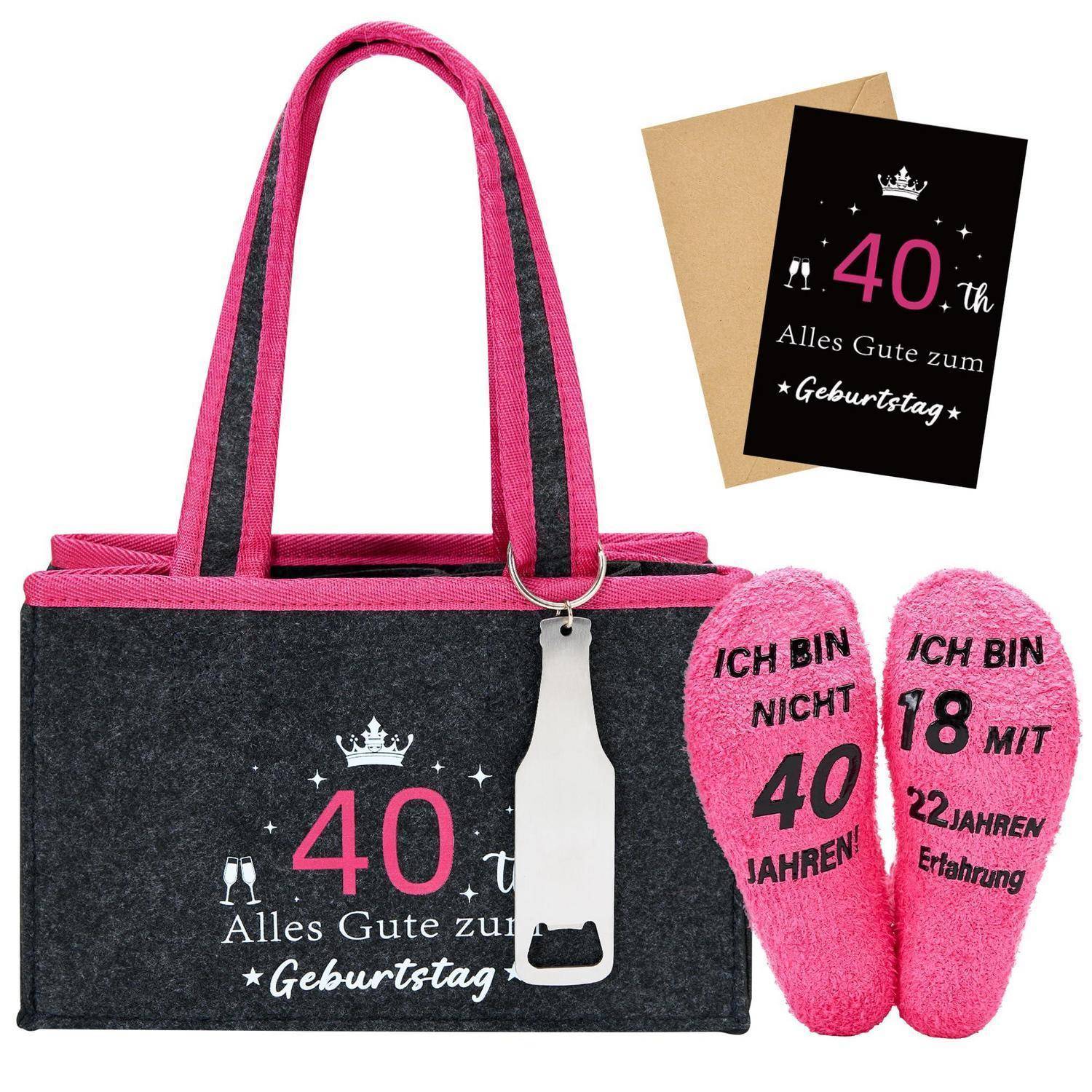 Rosa Geschenkset zum 40. Geburtstag: Tragetasche mit „40 Alles Gute zum Geburtstag