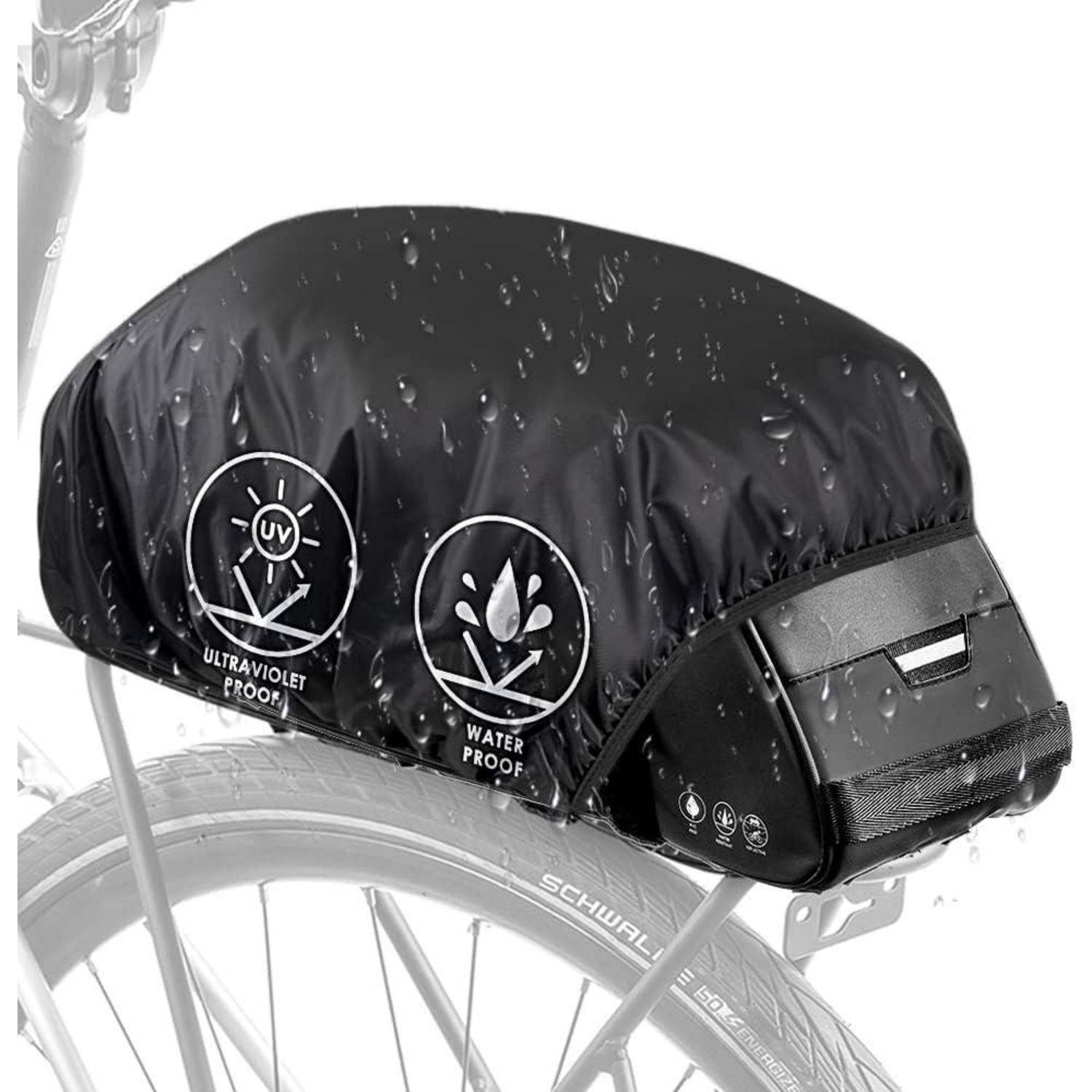 Schwarze, wasserdichte, UV-beständige Fahrradsattelabdeckung, gezeigt auf einem Fahrradsattel mit Regentropfen und Produktmerkmalssymbolen.