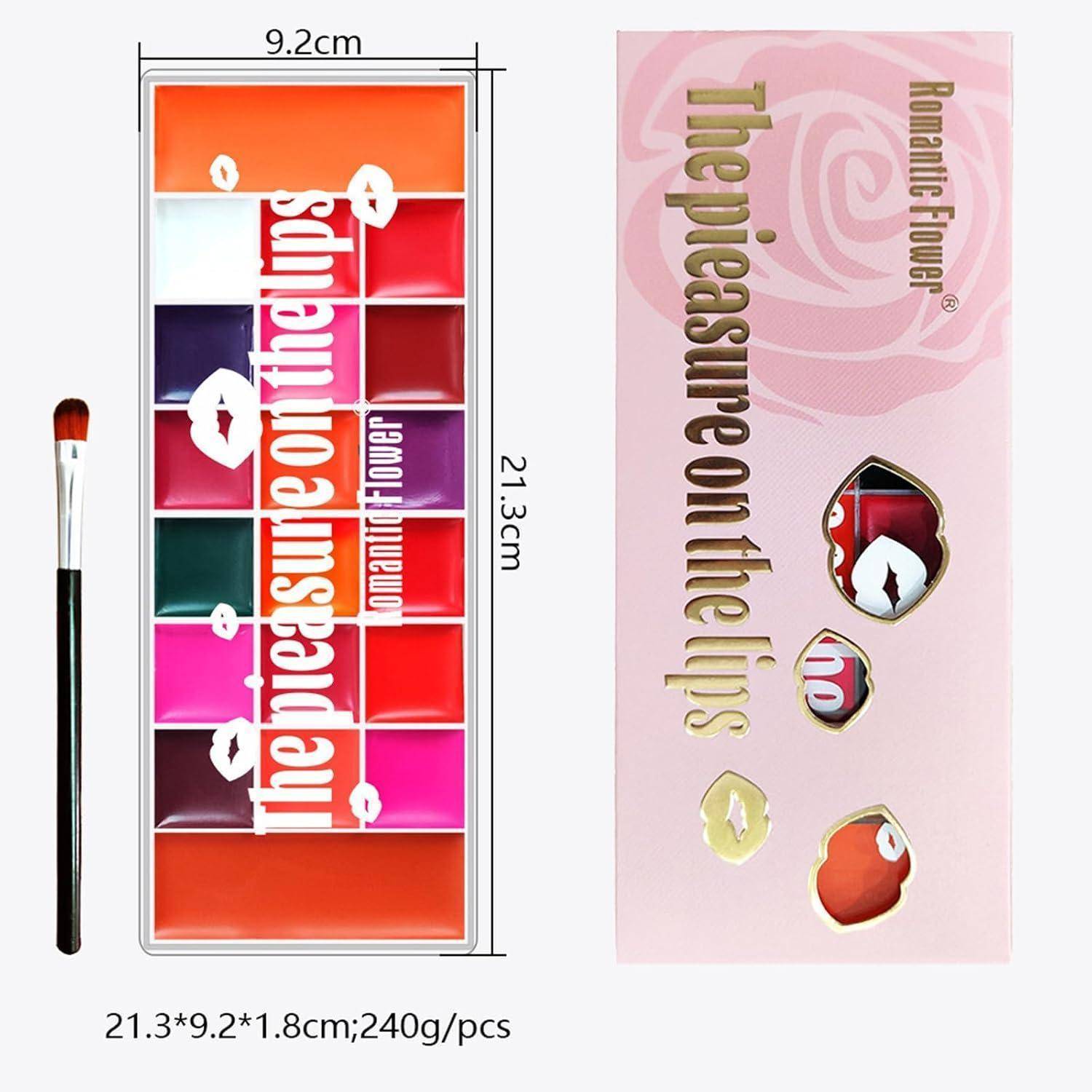 Produktverpackung mit einer Lippenfarbpalette mit 12 quadratischen Farbtönen, einem Pinsel und Maßangaben mit den Abmessungen 21,3 cm x 9,2 cm; der Kastentext besagt „Das Vergnügen auf den Lippen