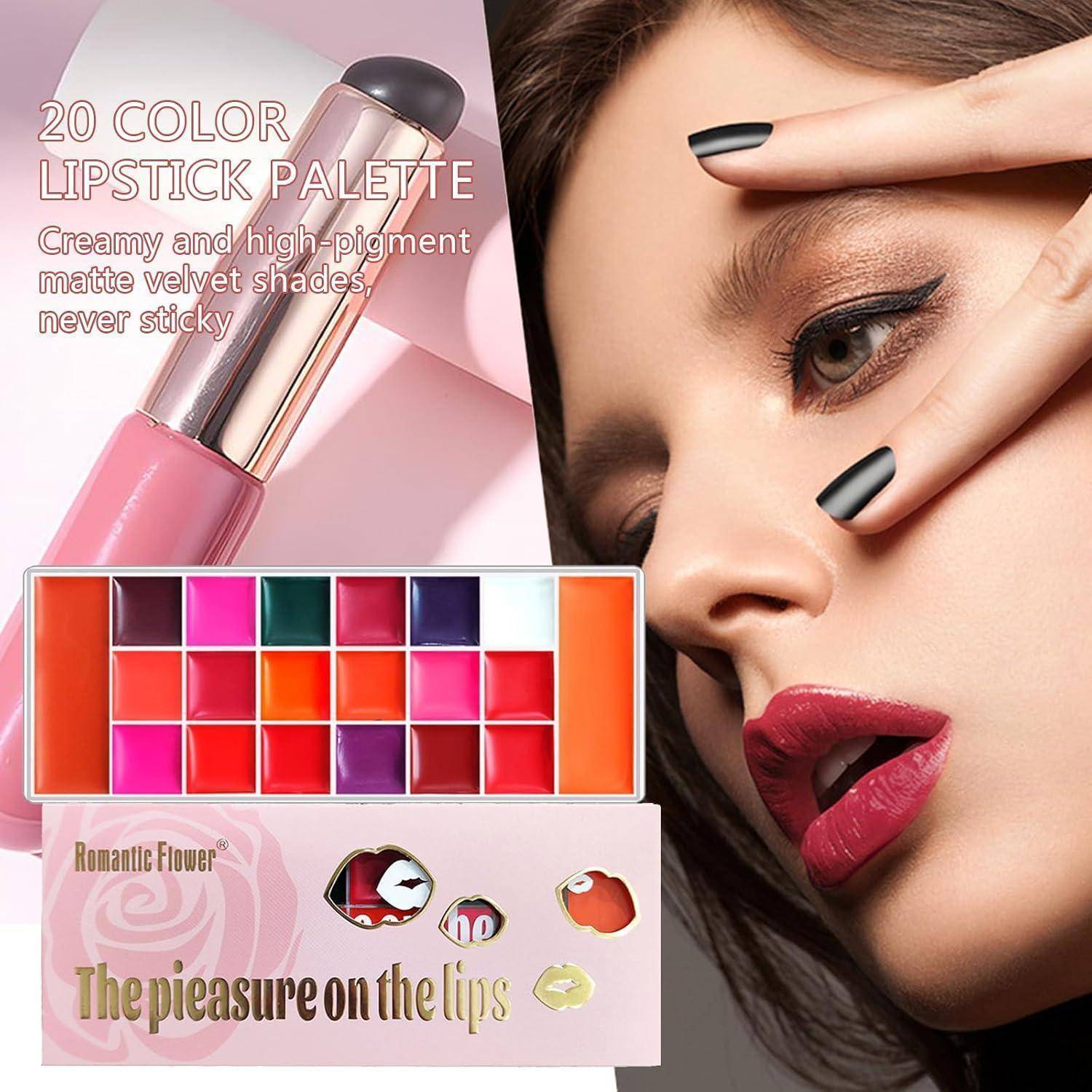 Palette mit 20 Farben für Lippenstift mit cremiger, hochpigmentierter Matter-Textur; zeigt ein Lippenstift-Röhrchen, Farbmuster und ein Model, das dunklen rosafarbenen Lippenstift trägt.