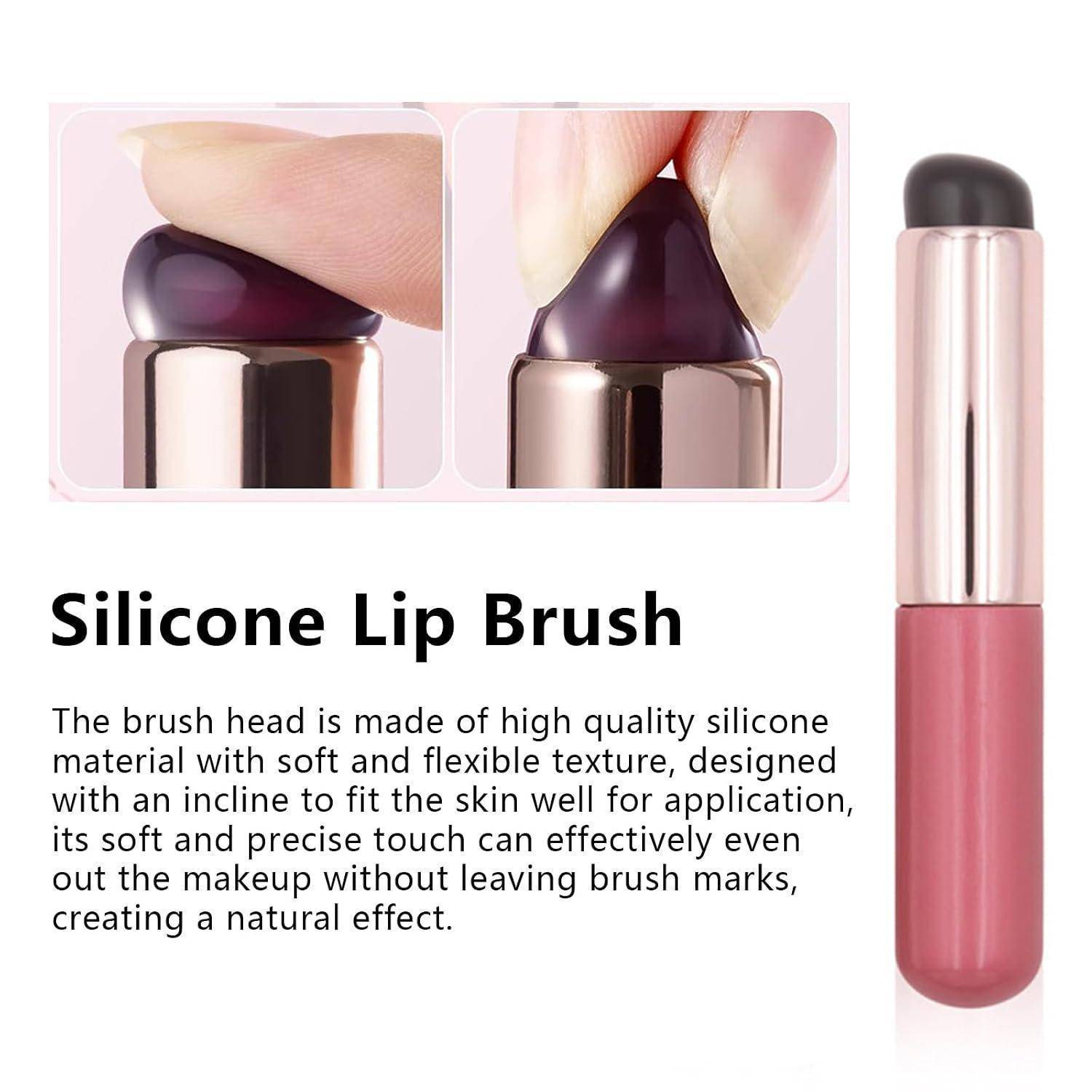 Werbebild eines Silikon-Lippenpinsels mit zwei Nahaufnahmen, die die weiche, flexible Applikatordüse und ein rosa Röhrchen auf der rechten Seite zeigen; der Text erklärt, dass es eine glatte, natürliche Make-up-Anwendung ermöglicht.