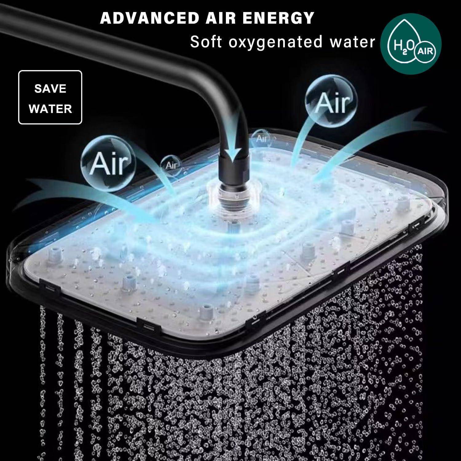 Bewerbungsgrafik eines Displayschutzes für Mobiltelefone, der von einem Duschkopf besprüht wird, beschriftet mit „Advanced Air Energy