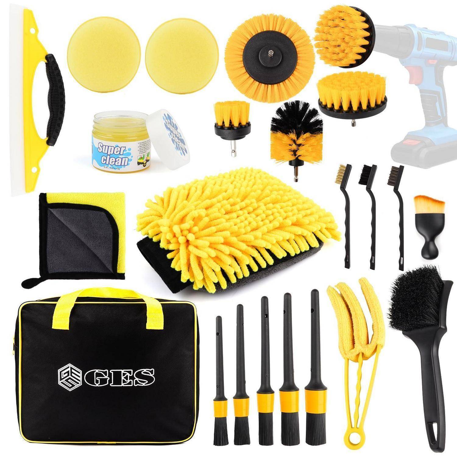 Autorreinigungsset mit Bohrmaschinen-Bürstenaufsätzen, Mikrofaser-Waschhandschuh und Tüchern, Detaillierungsbürsten, Schwamm, Schaber und Aufbewahrungstasche.