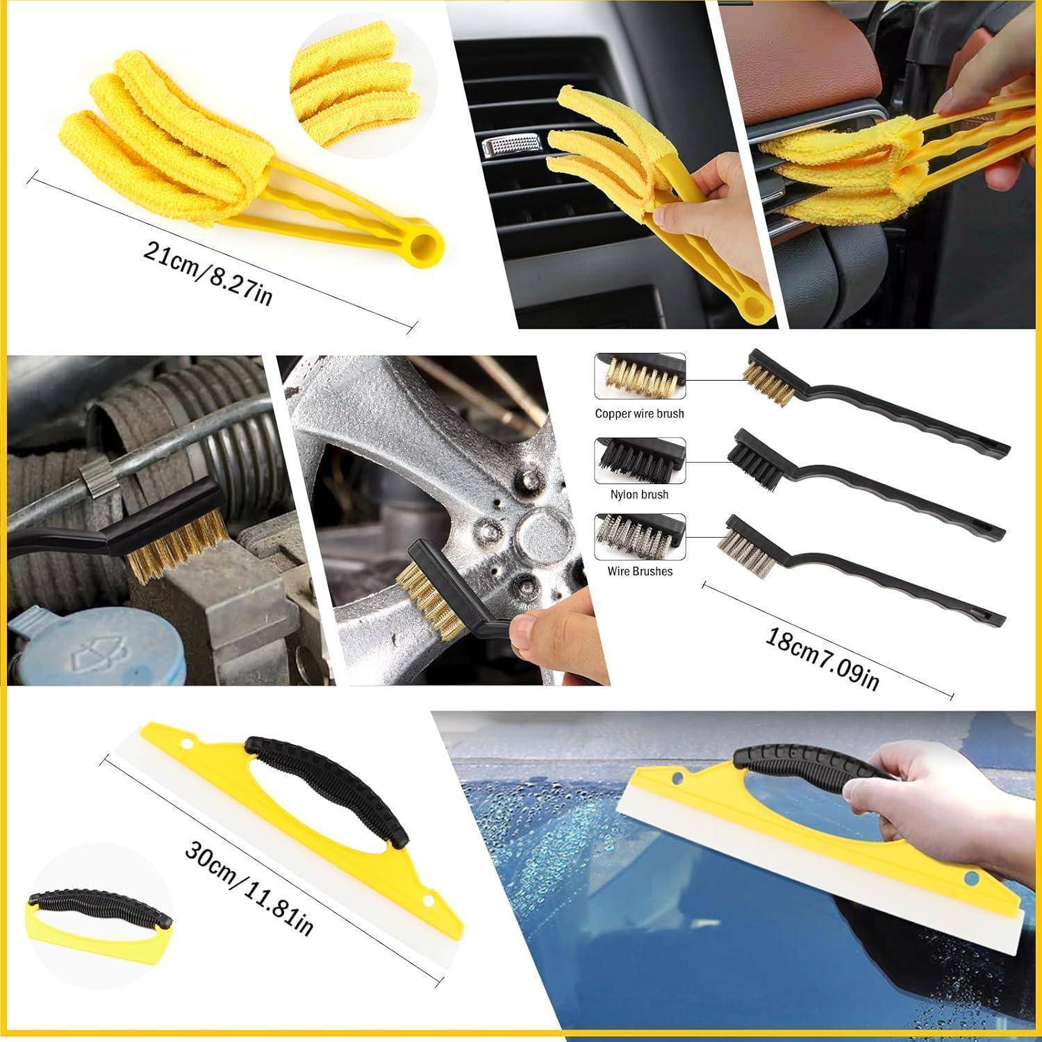 Collage mit gelben Autoreinigungs-bürsten zum Reinigen von Autolüftungen, Felgen, Motorteilen und Fenstern, mit Größenbezeichnungen 21 cm, 18 cm und 30 cm.