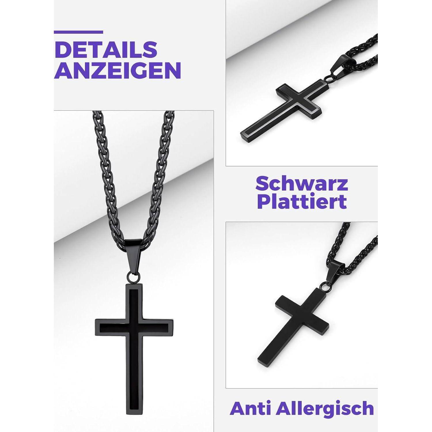 Produktbild mit einer schwarz plattierten Kreuzkette an einer Kette, mit deutschem Text 