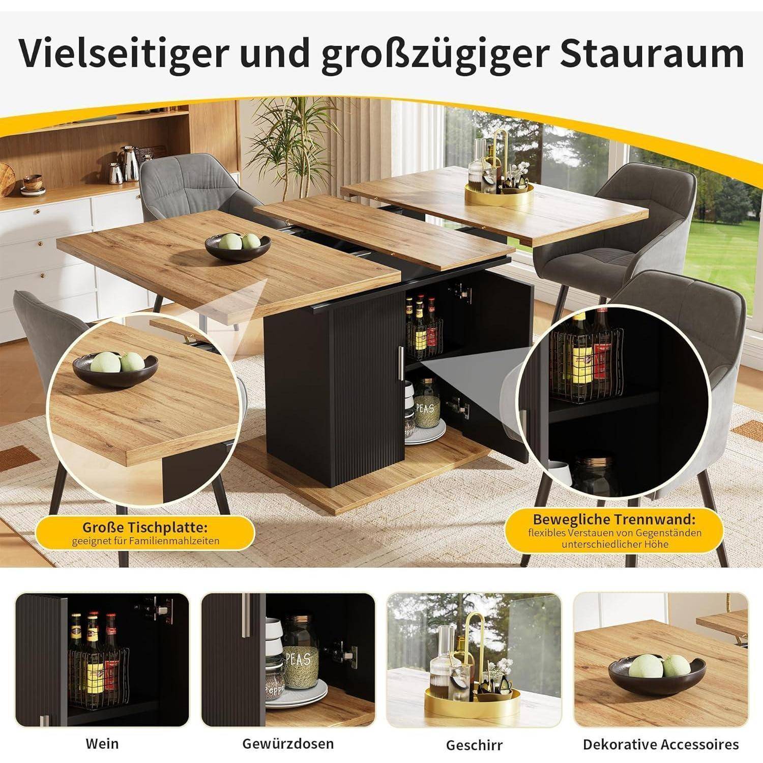Ausziehbarer Esstisch aus Holz mit verstautem Stauraum und beweglichem Teiler, zeigt Fächer für Wein, Gewürzgläser, Geschirr und Zubehör.