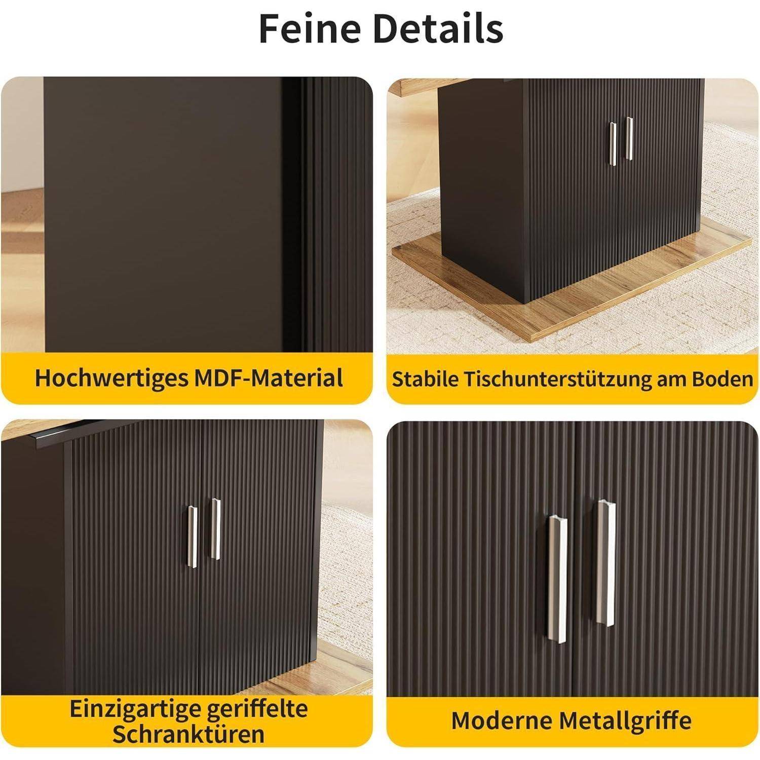 Werbecollagen eines dunklen gerippten Schranks mit MDF-Material, Bodenträger, gerillt Schrankkaserollen und modernen Metallgriffen; Titel 'Feine Details'.