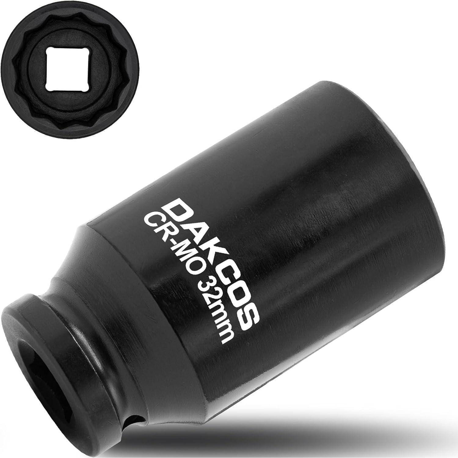 Schwarze DAKCOS CR-MO 32mm Stecknuss mit Vierkantantrieb, im Winkel dargestellt mit Detailansicht des Antriebsendes von oben.