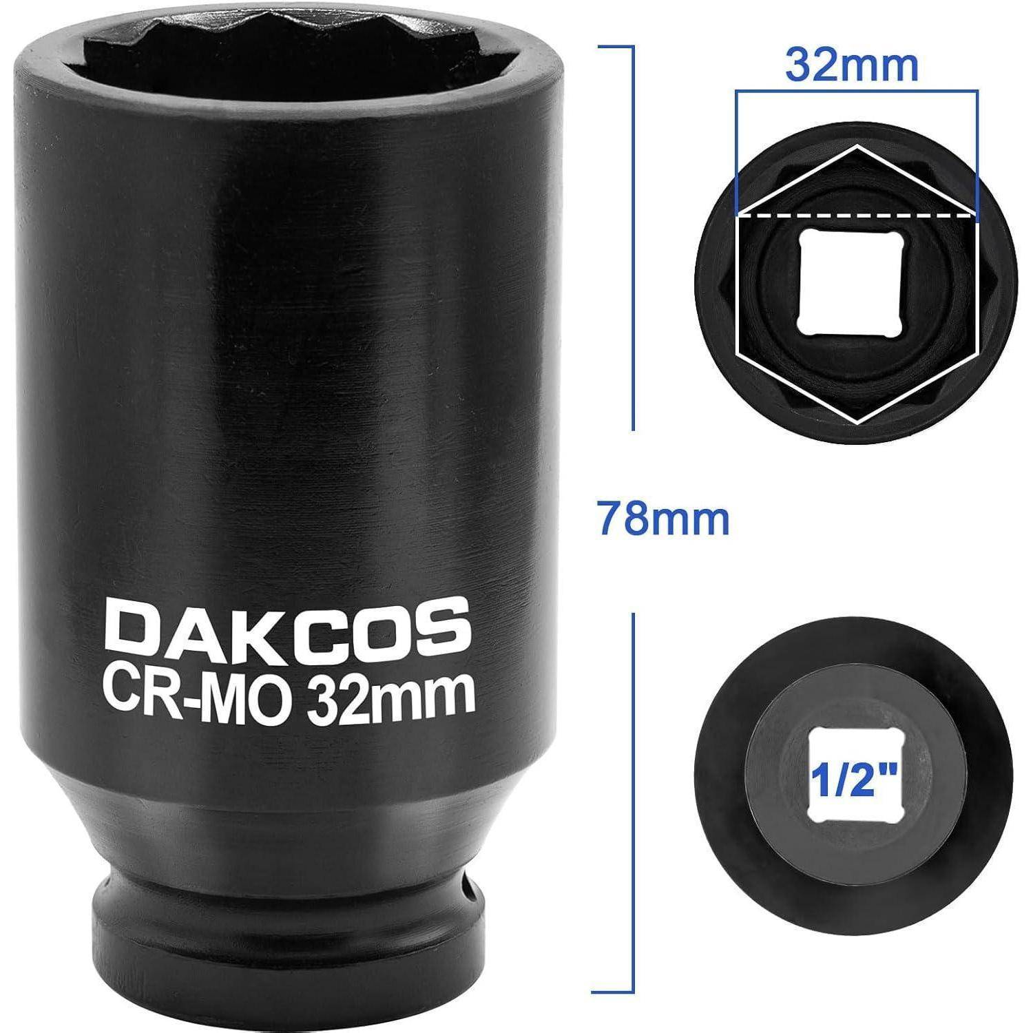 Schwarzer 32-mm-DAKCOS-CR-MO-Steckschlüssel-Adapter, 78 mm lang, dargestellt mit Vierkantantriebsgröße „1/2