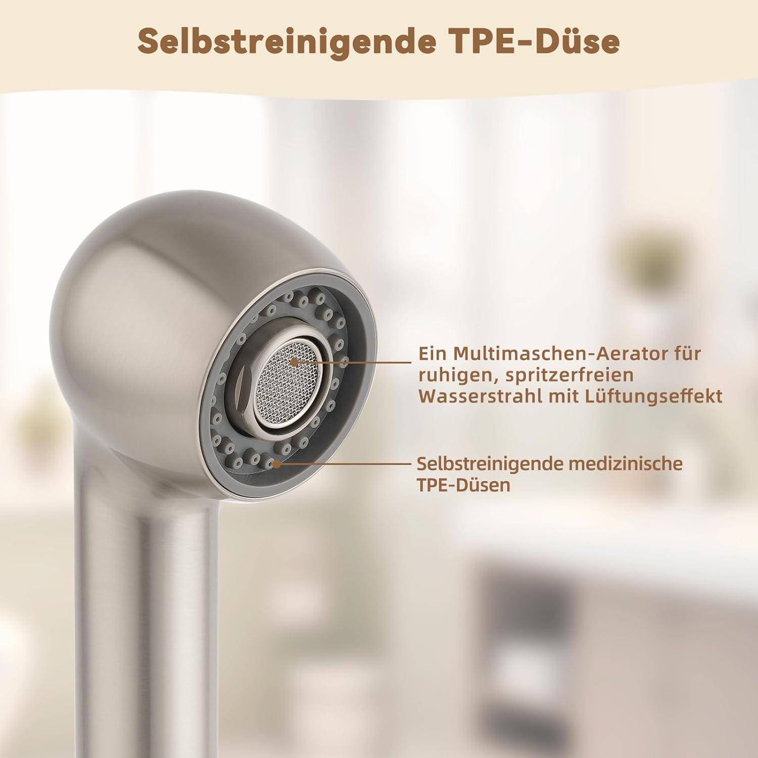 Illustration eines selbstreinigenden TPE-Wasserhahn-Auslaufs mit Mehrschicht-Belüfter, auf Deutsch beschriftet, mit Hervorhebung eines ruhigen, spritzfreien Wasserstrahls mit Lufteffekt.