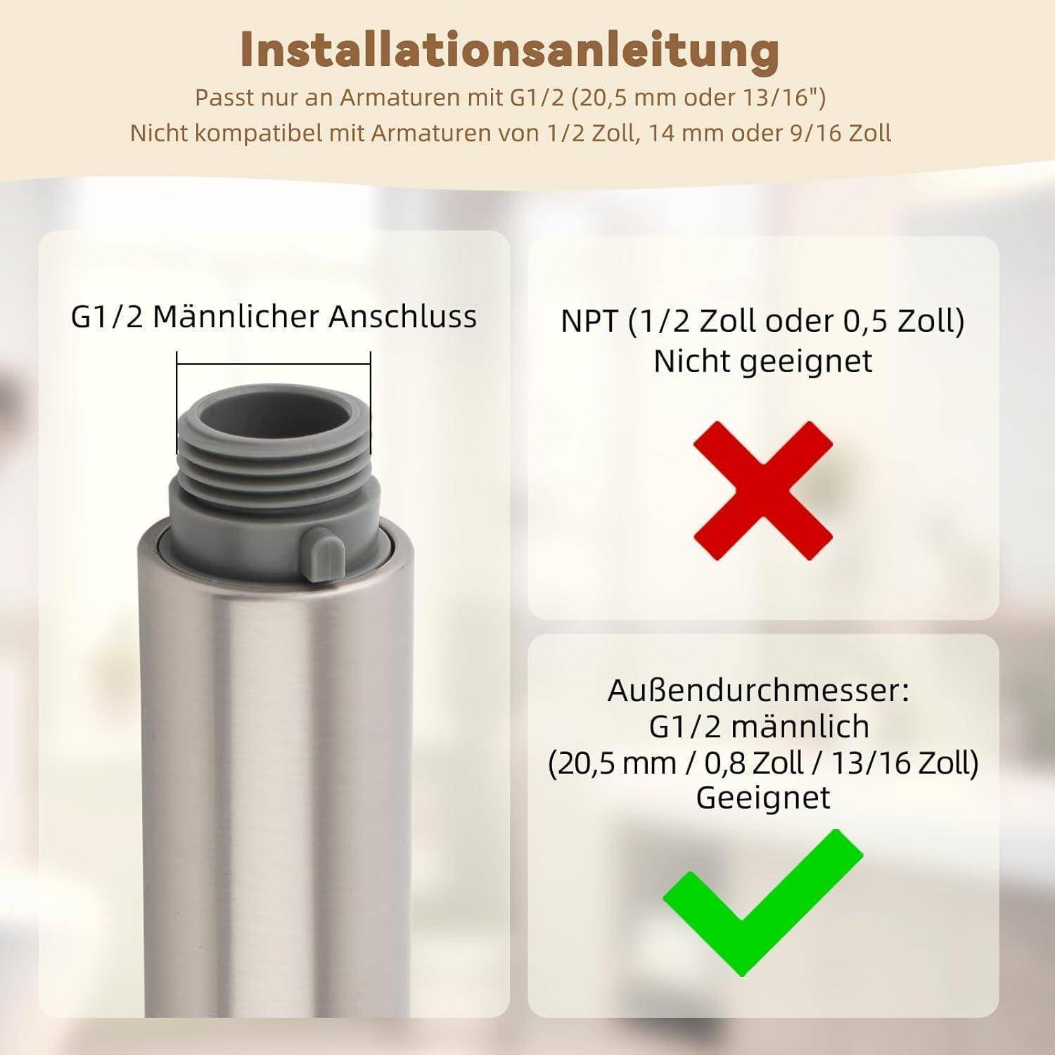 Installationsanleitung, die zeigt, dass ein Duscharmadapter nur für G1/2-Außengewinde geeignet ist; NPT 1/2 Zoll ist nicht geeignet, markiert mit rotem X, während G1/2 mit grünem Haken genehmigt ist.