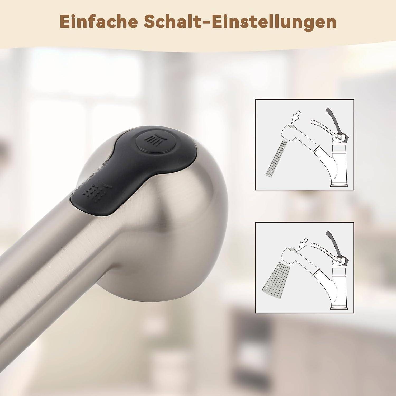 Wasserhahn mit Illustration einfacher Schalt-Einstellungen, die zwei Sprühoptionen zeigt, beschriftet mit 
