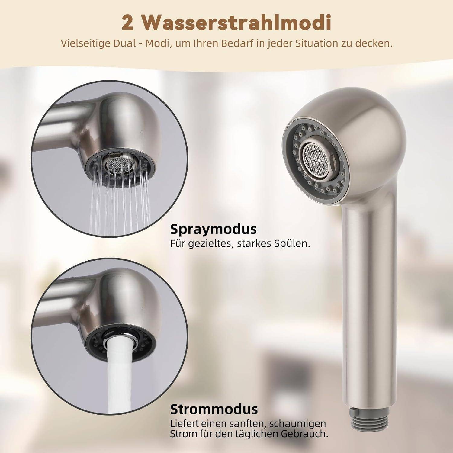 Diagramm eines Wasserhahnanators mit zwei Wasserflussmodi: „Sprühmodus