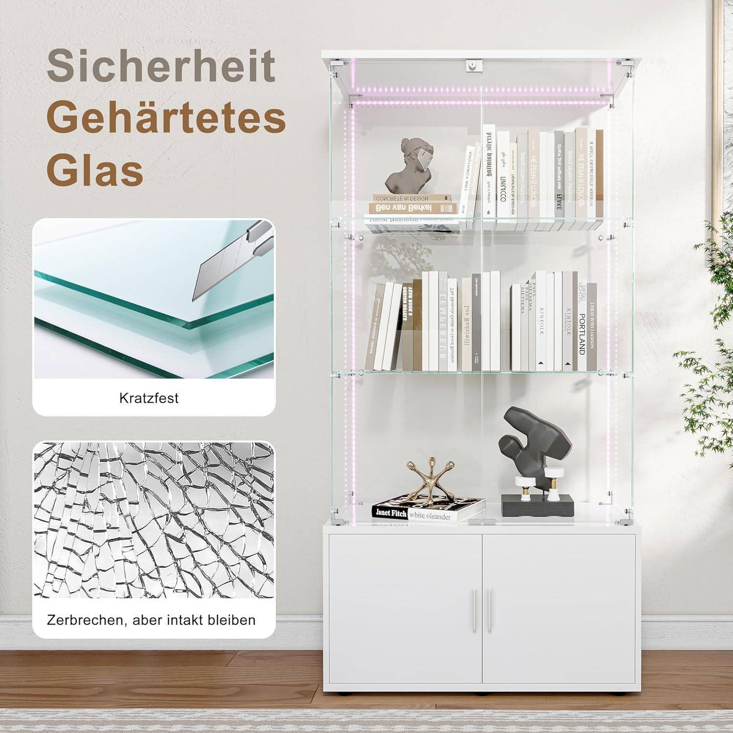 Glasvitrine Standvitrine mit LED-Beleuchtung, 4 Lagen & 2 abschließbaren Türen, Modern Vitrinenschrank aus Holz & Glas für Sammlervitrine, Bücher